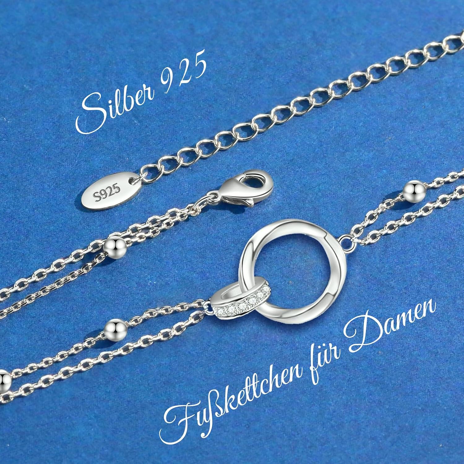 Detalle de JBniuay Damen-Fußkettchen 925 Sterling Silber mit Infinity-Herz, verstellbar 23+5 cm