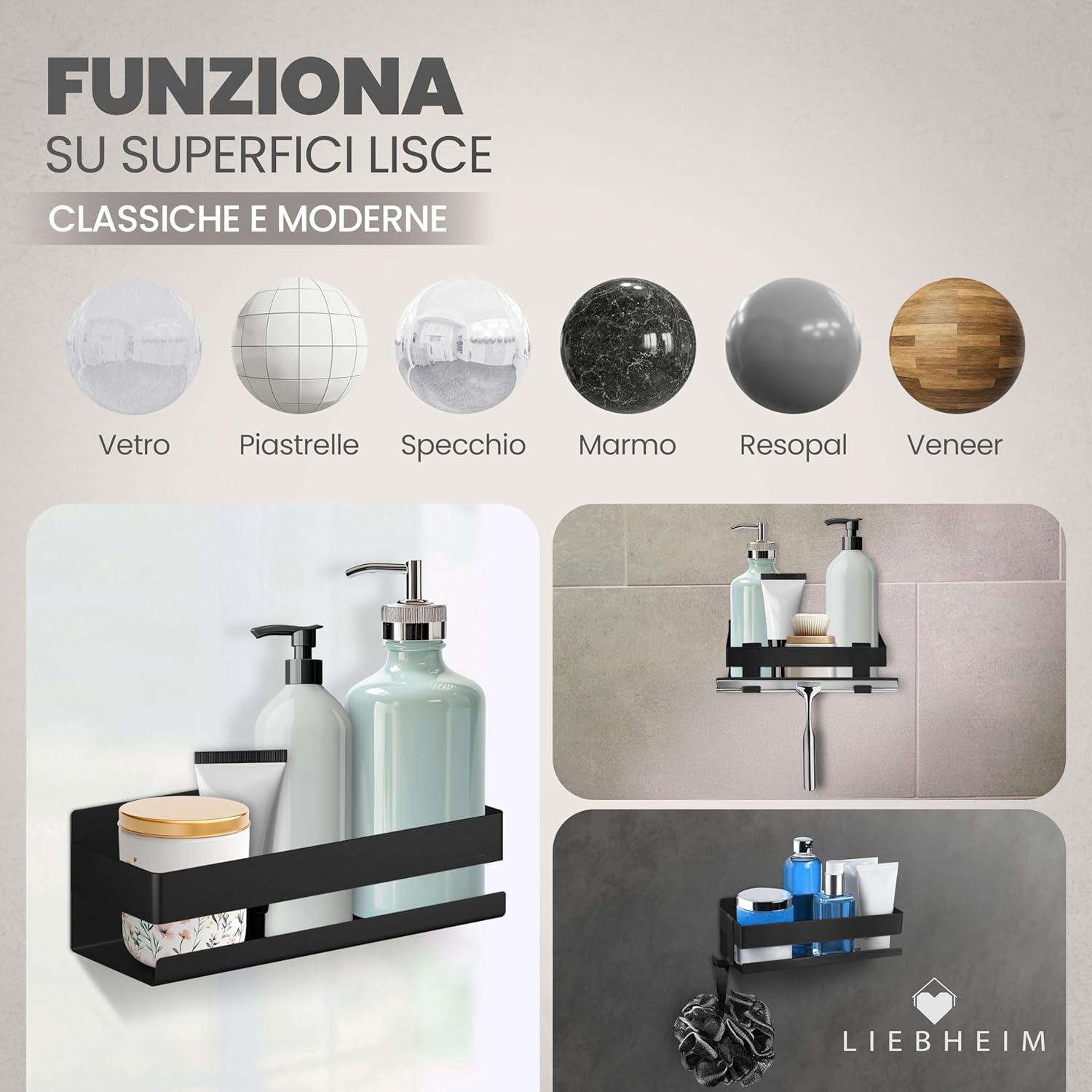 Thumbnail 5 de LIEBHEIM porta sapone da doccia con mensola adesiva in alluminio nero