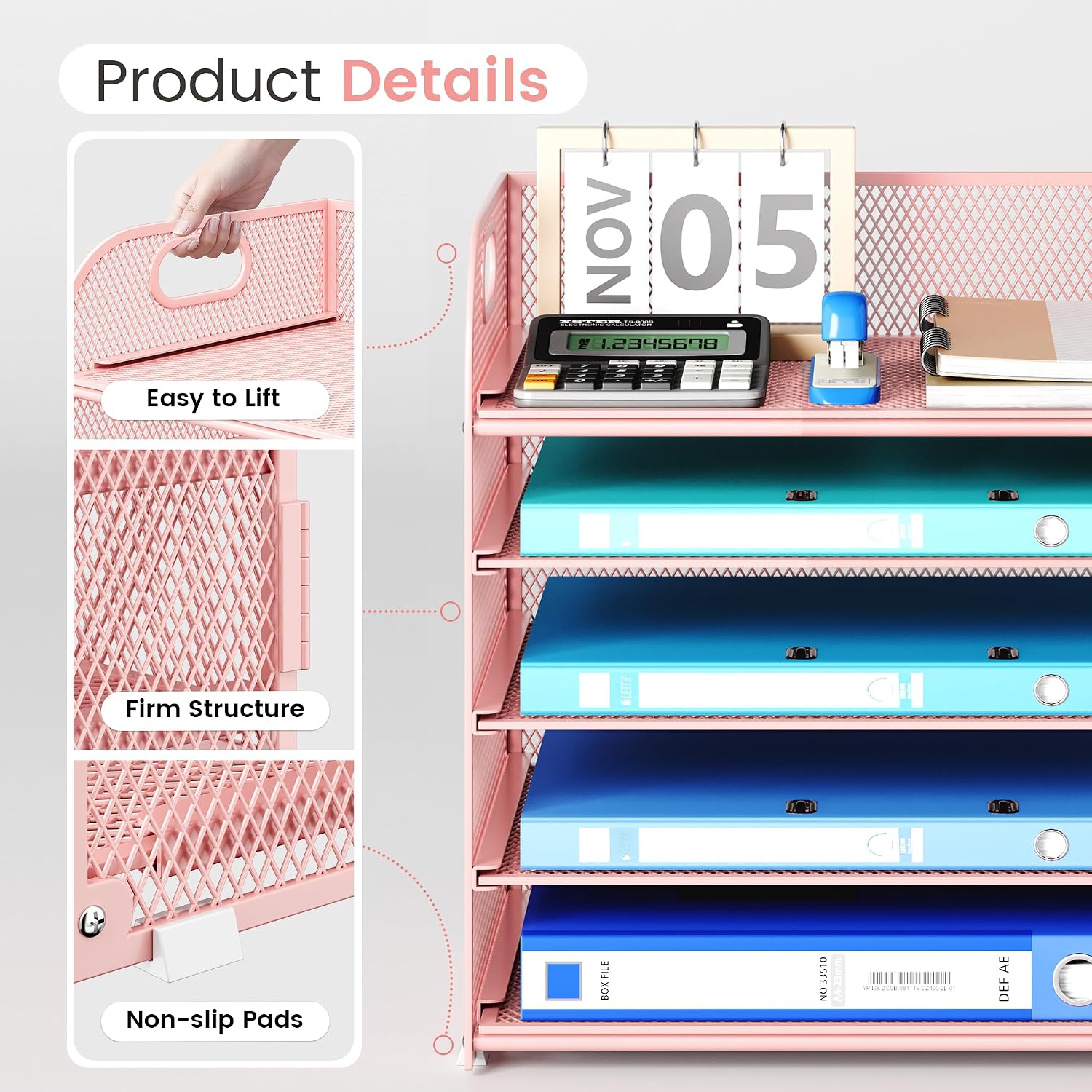 Detalle de SUBEKYU 5-Tier Metal Mesh Desk Organizer with Handle, Sliding Letter Tray, Pink