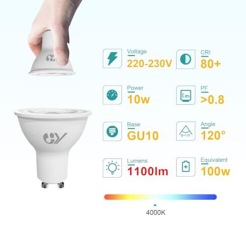 Detalle de GY 12 Lampadine LED GU10 10W ↔ 100W Equivalenti, 1100 Lumen, 4000K, Angolo 120°, Non dimmabili, CE RoHS FCC, confezione 12 pezzi