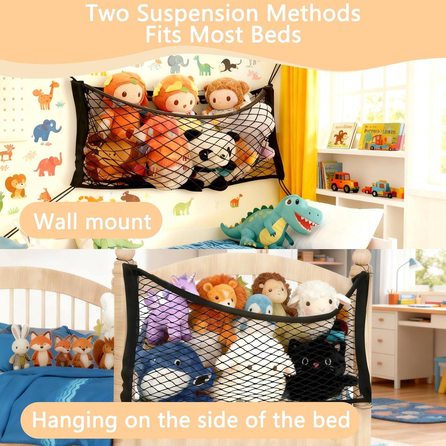 Thumbnail 5 de VOSSOT Bettseiten-Stofftier-Organizer mit Hängematte (70×30 cm) – Aufbewahrungsnetz fürs Kuscheltier