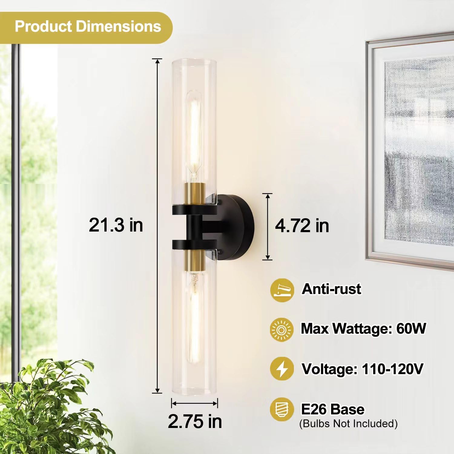 Thumbnail 3 de Indoi Wall Sconces 22" Black Gold Set