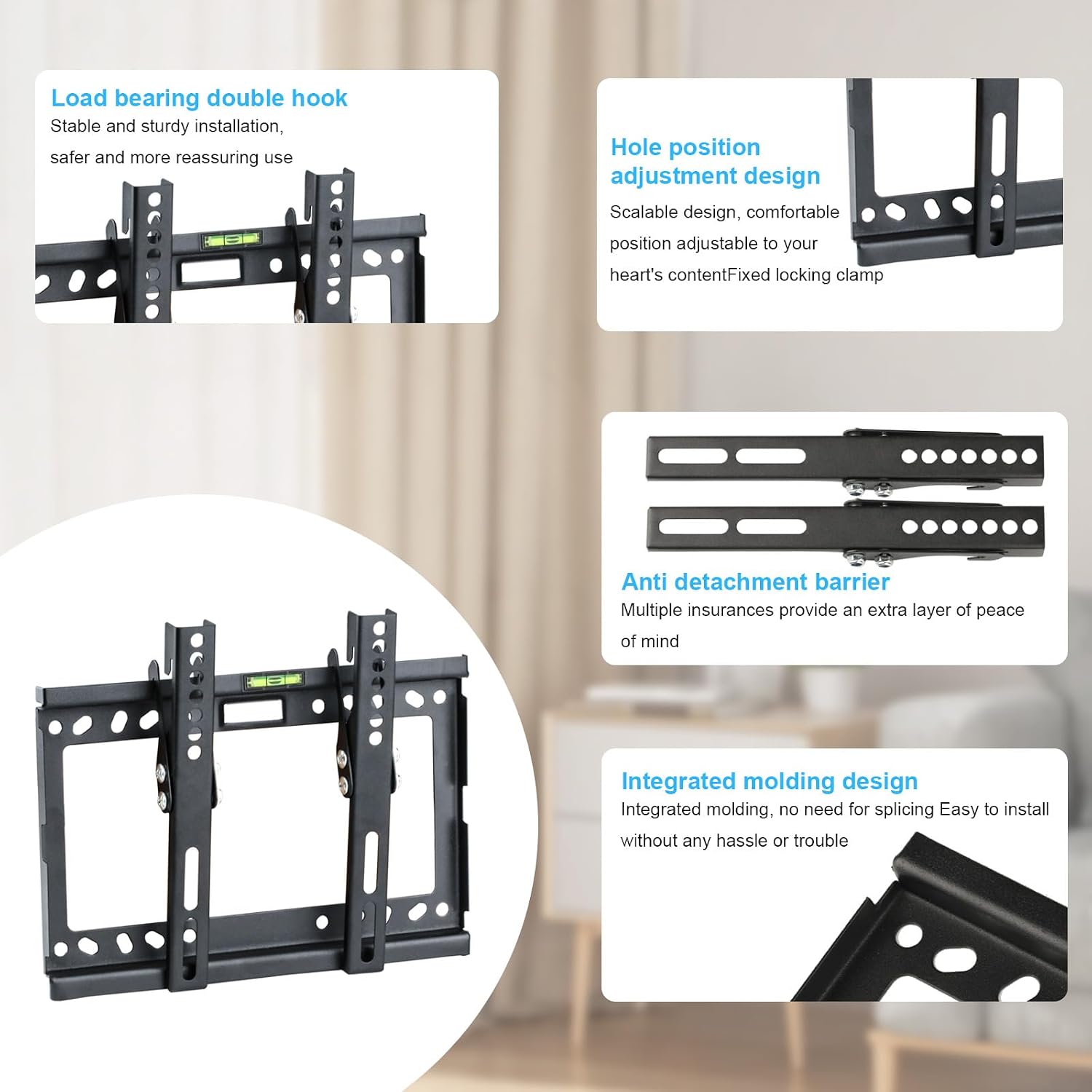 Detalle de TV Wall Bracket for 14–42 Inch: Universal Mount with Tilt for Flat & Curved TVs (Max VESA 200x200)