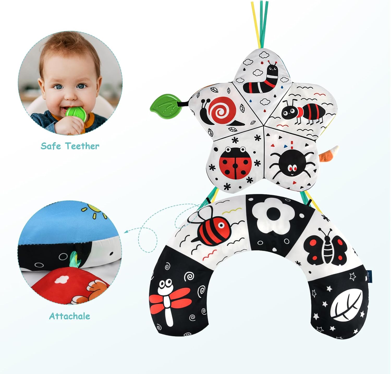 Thumbnail 3 de Vicloon Tummy Time Pillow with Mirror and Teether — Black & White High Contrast Baby Toy Set (Farm) for 0–6 Months