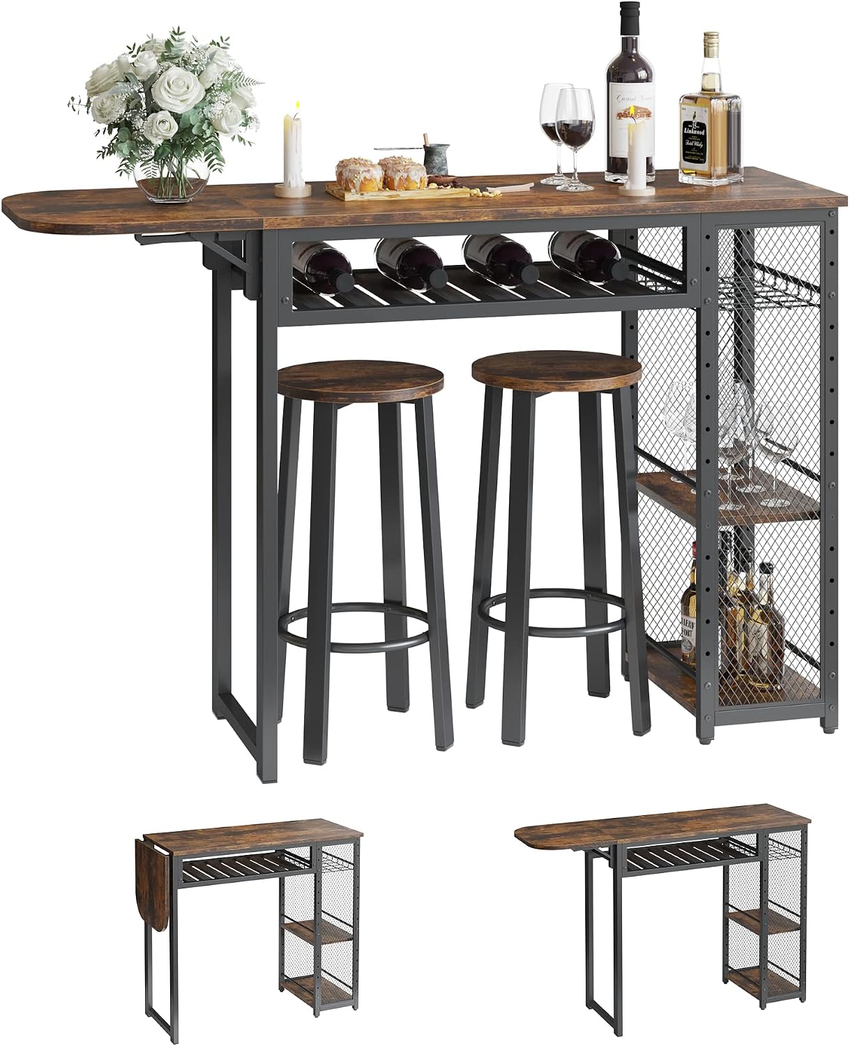 Thumbnail 6 de Bestier Expandable Bar Table and 2-Stool Set with Wine Rack and Adjustable Shelves