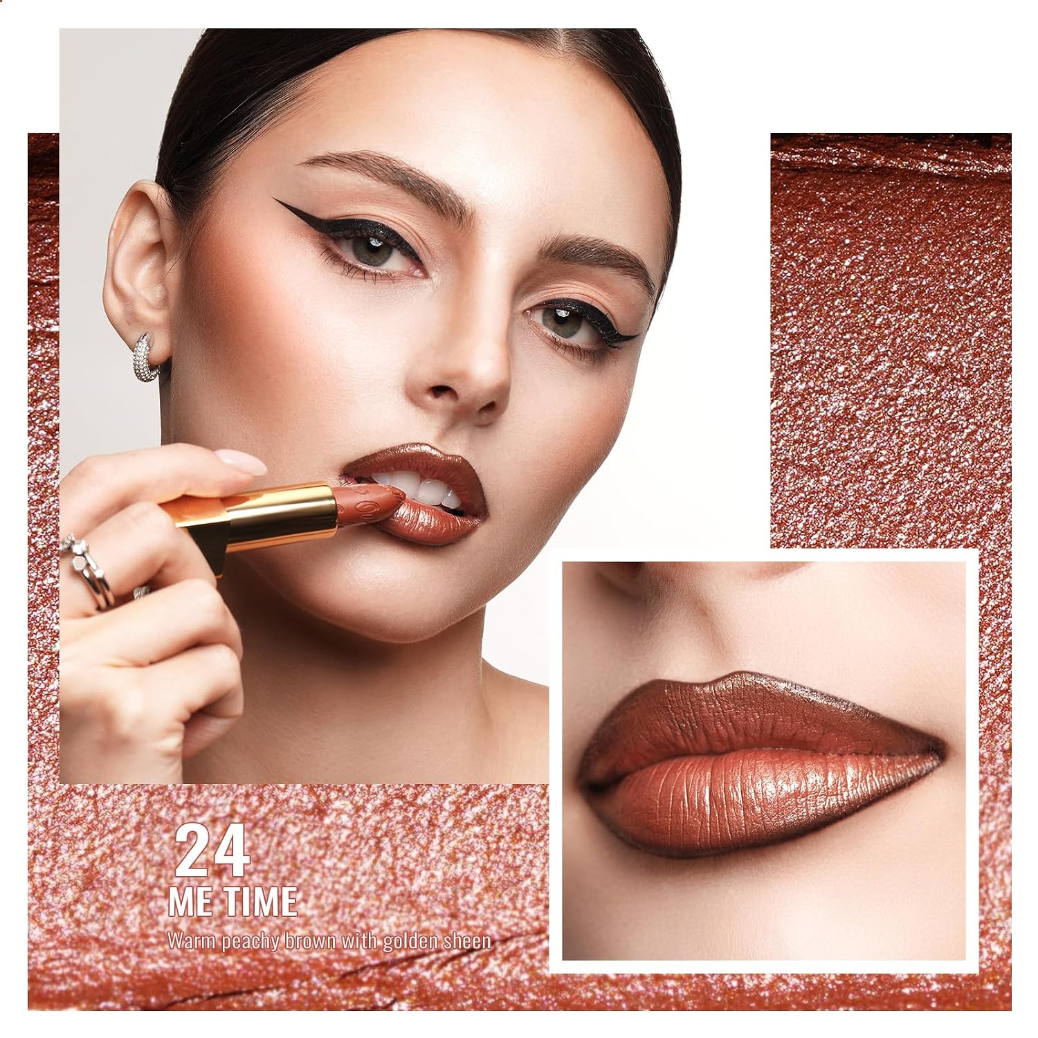 Detalle de OULAC Lippenstift Metallic Glanz Finish „Me Time“ (24) – brauner Glitzer-Lippenstift mit 3D-Glanz, vegan