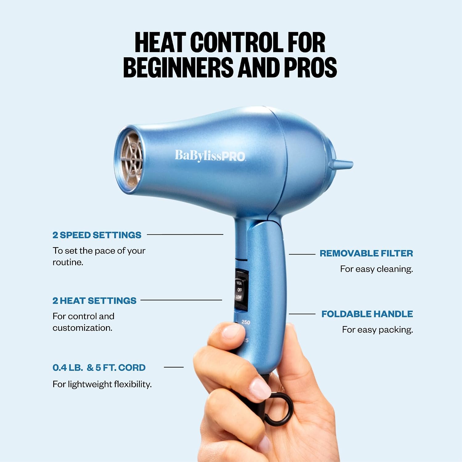 Thumbnail 4 de BaBylissPRO Nano Titanium Travel Hair Dryer (1000W) with Concentrator Nozzle, Foldable Handle, Dual Voltage