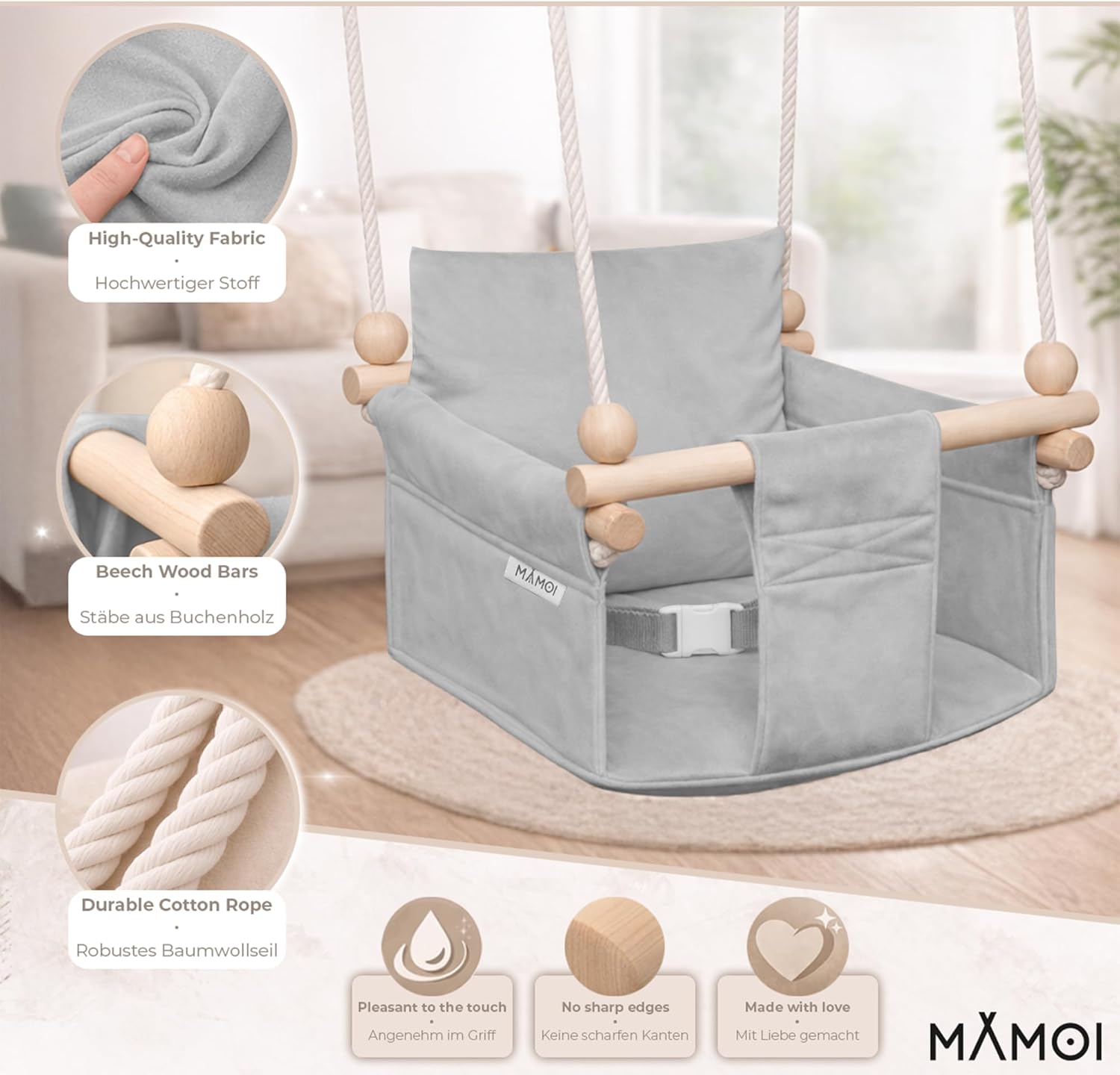 Detalle de Altalena per bambini MAMOI con cintura di sicurezza (6–36 mesi) max 20 kg, montaggio a soffitto per interni