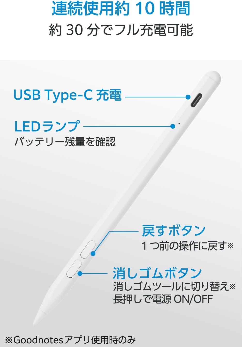 Detalle de エレコム P-TPACSTAP14WWH iPad専用タッチペン、Goodnotesボタン・急速充電・傾き検知