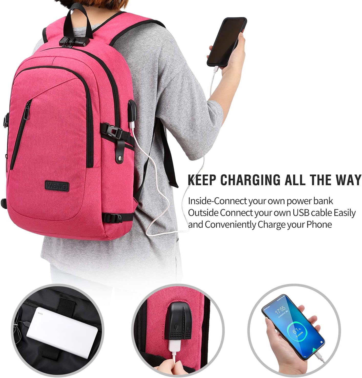 Detalle de WENIG Rucksack Laptop – Anti-Diebstahl-Rucksack mit USB-Ladeanschluss für Damen, 45 × 30 × 18 cm