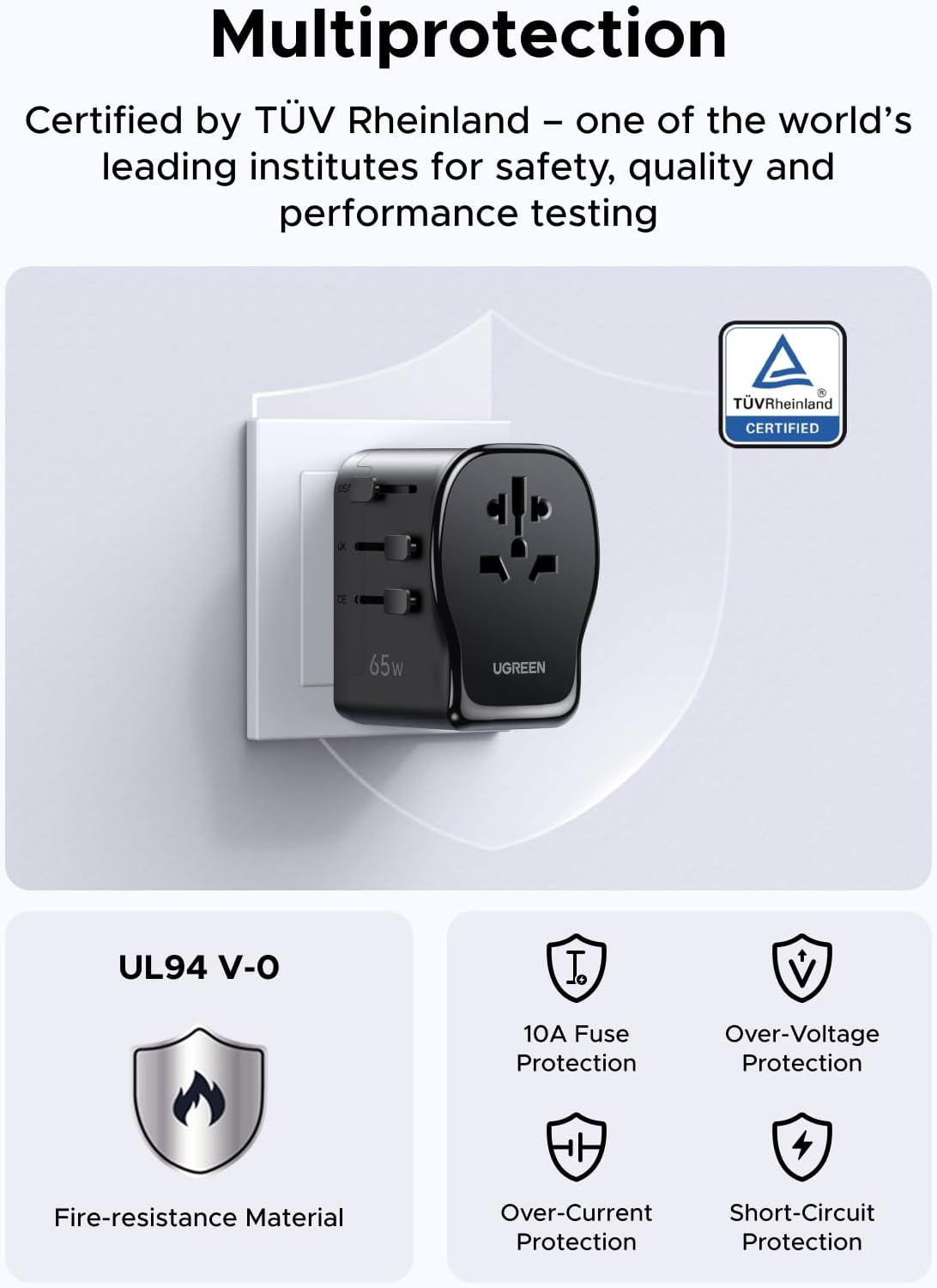 Thumbnail 6 de UGREEN 65W Adattatore da Viaggio Universale 4 in 1: 2× USB-C, 1× USB-A, spina globale EU/UK/US/AU