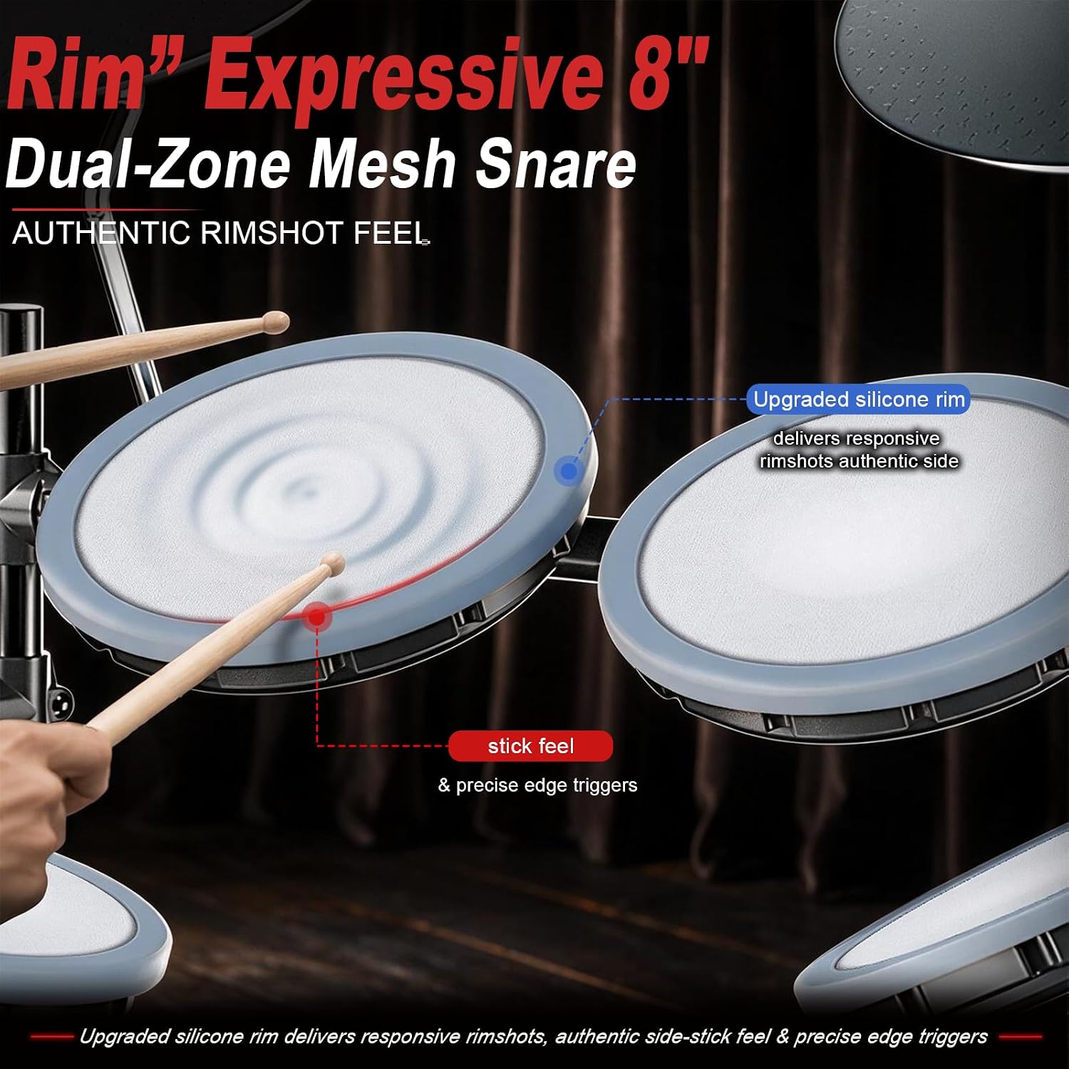 Detalle de MOSEN UMED Electronic Drum Set, 450 Sounds, 50 Kits, Quiet Mesh Pads