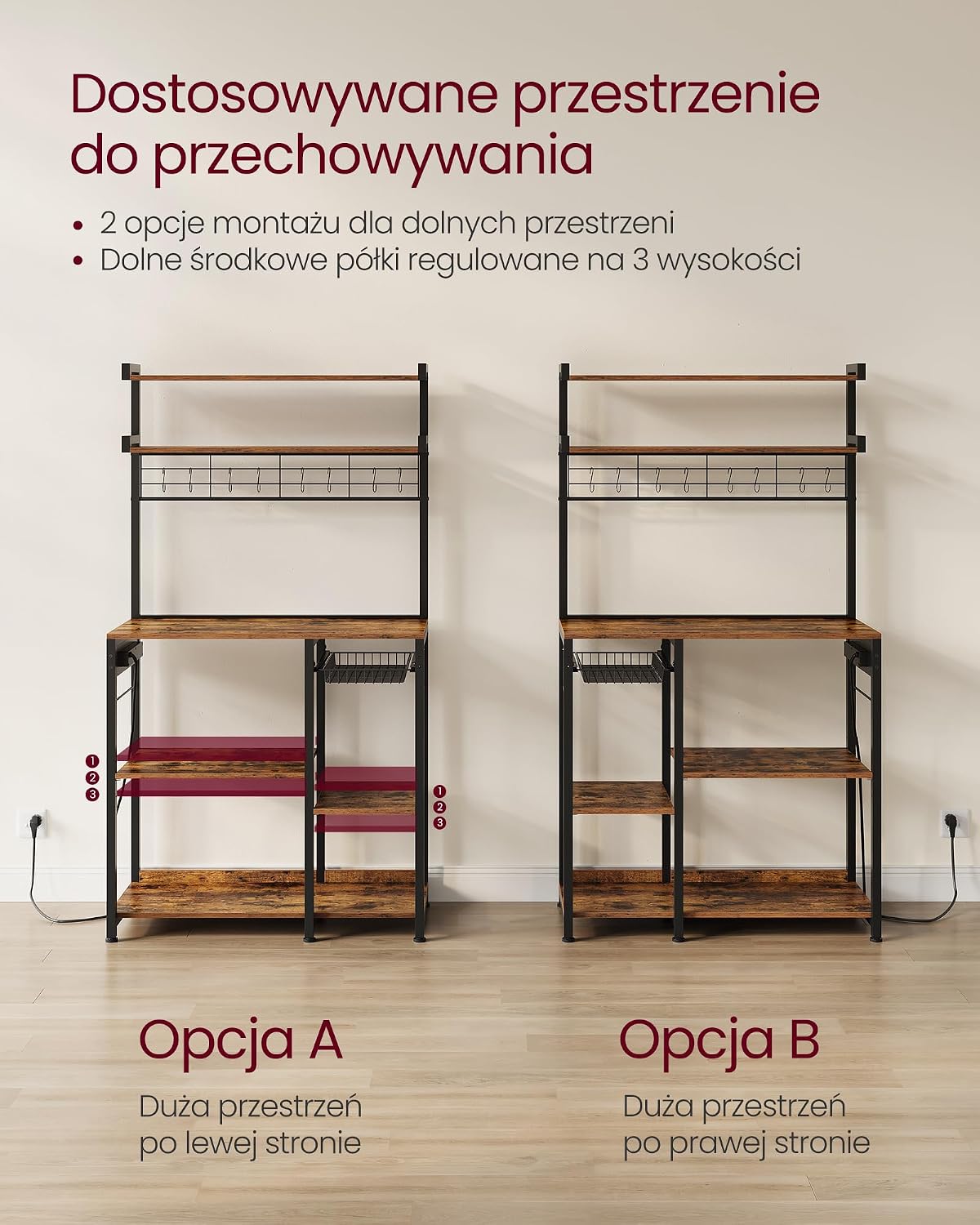 Detalle 2 de VASAGLE KKS031K11 – wolnostojący regał kuchenny z 4 gniazdami i koszem