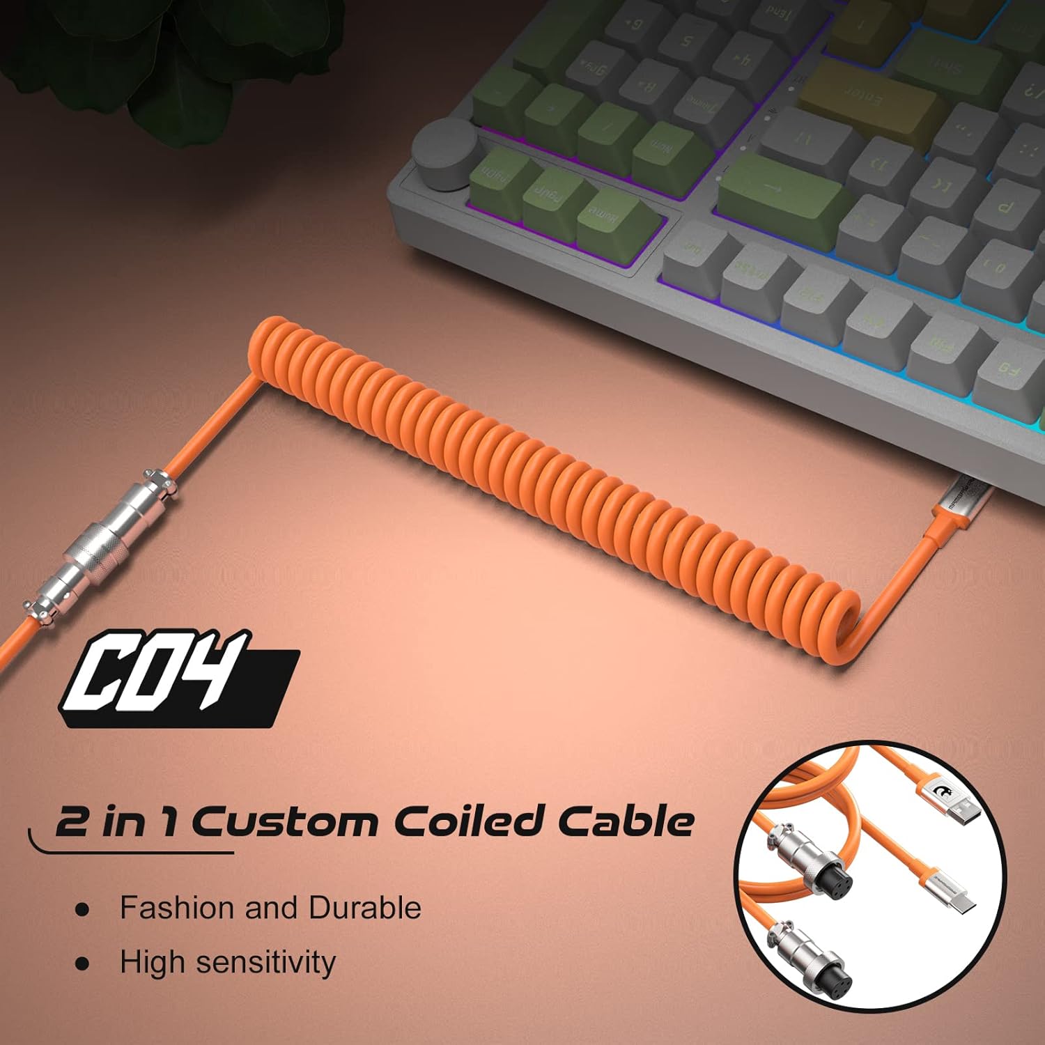 Thumbnail 1 de ZIYOU LANG 2 in 1 Custom Coiled USB C to A and C Cable with Detachable Extendable Double Sleeve Spiral Cable — Orange