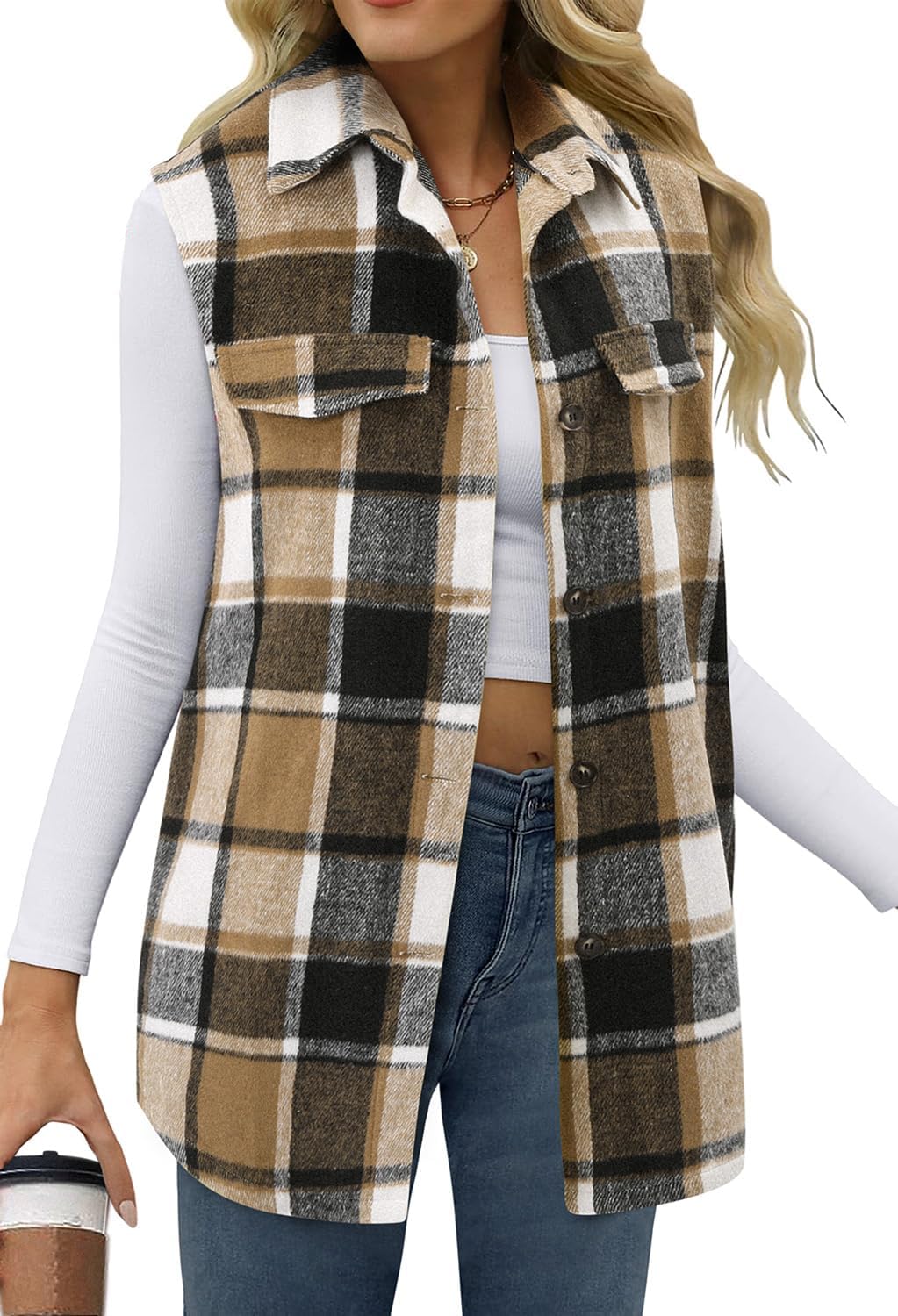 Detalle de BETTE BOUTIK Women's Plaid Flannel Vest, Lightweight Sleeveless Button-Front