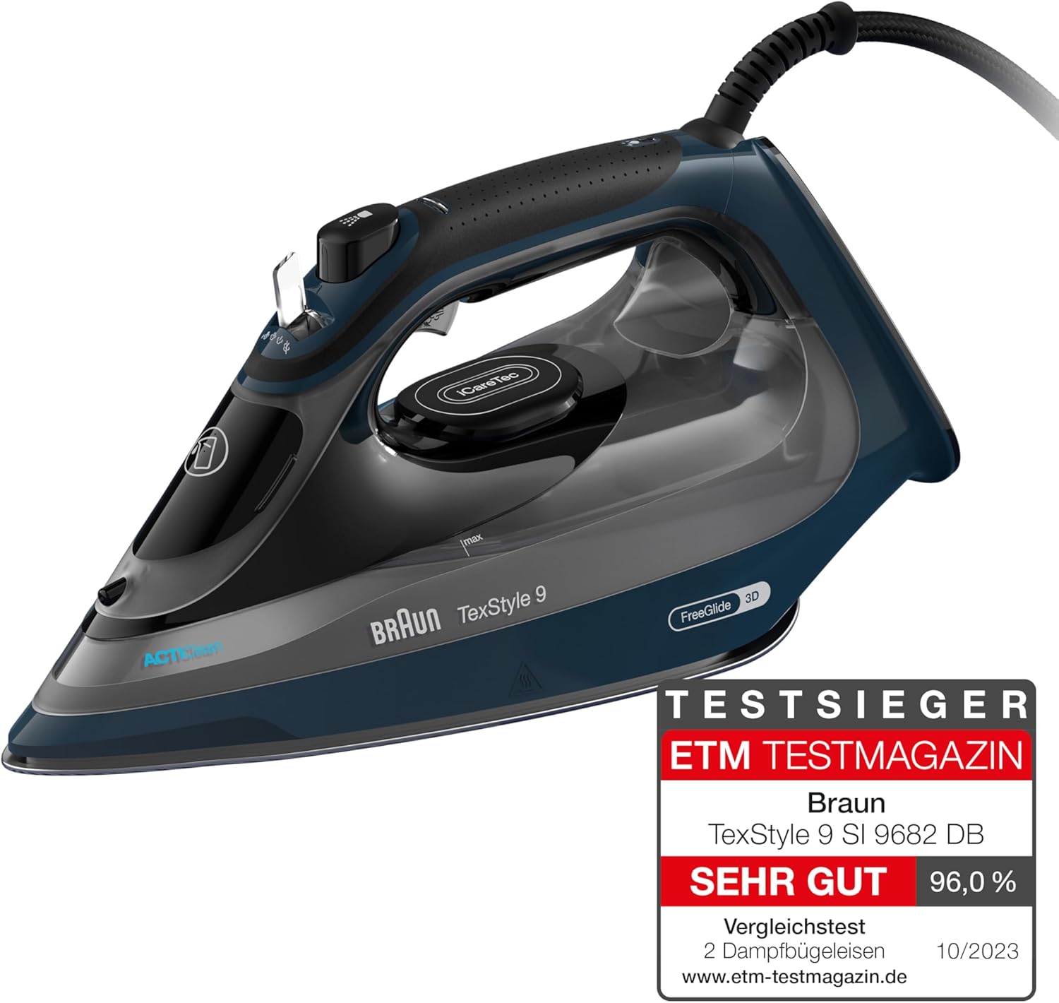 Detalle de Braun TexStyle 9 SI9682 DB Dampfbügeleisen mit FreeGlide 3D-Technologie – leistungsstark, vertikales Dampfen & iCare-Schutz