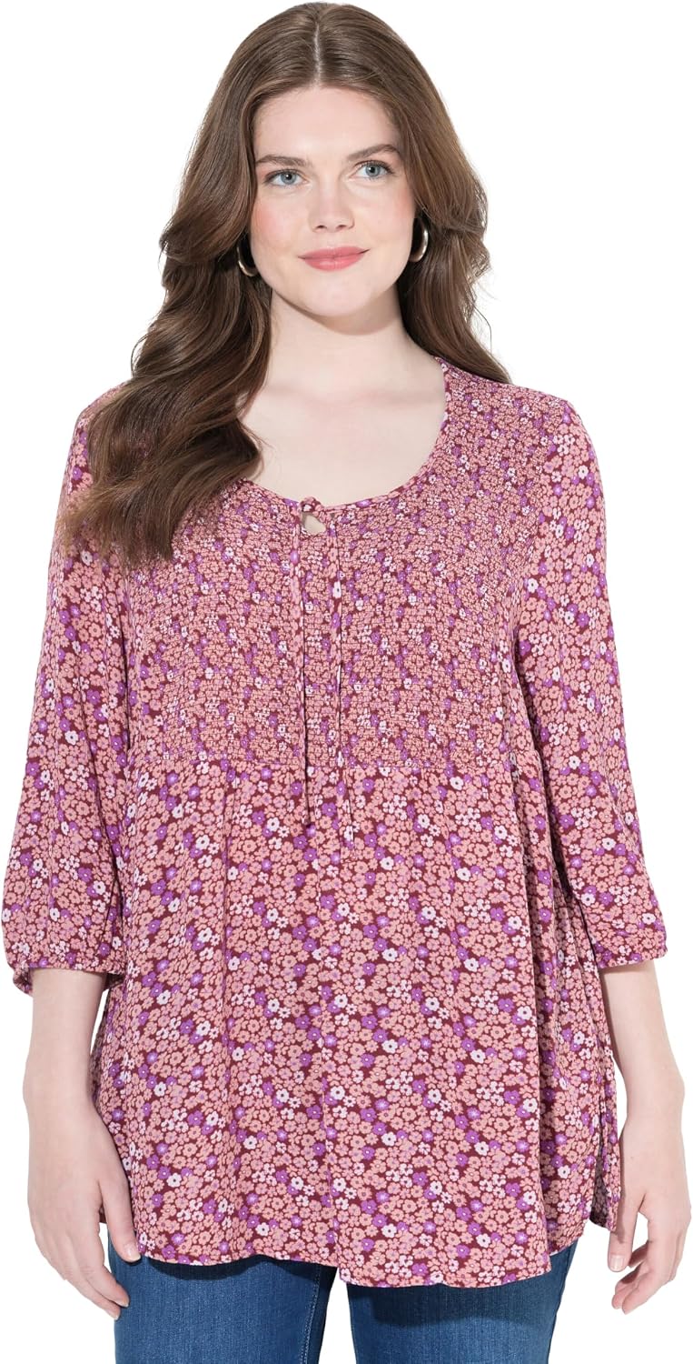 Detalle de Ulla Popken Smokbluse Große Größen – Blütenprint, A-Linie, Rundhals, 3/4-Arm