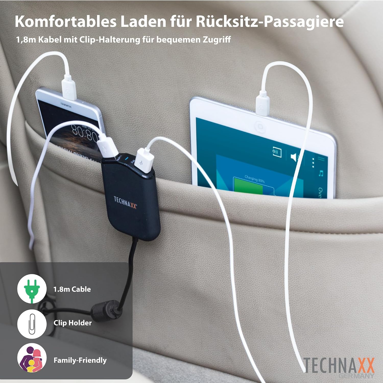 Detalle de Technaxx Family Car Charger 4x USB (TE14) – 4 Anschlüsse, 2,4 A pro Port, inkl. Clip-Kabel