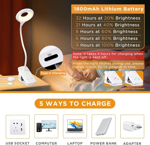 Detalle de Akynite 3W Rechargeable Clip Lamp: Flexible 360° Bedside Reading Light
