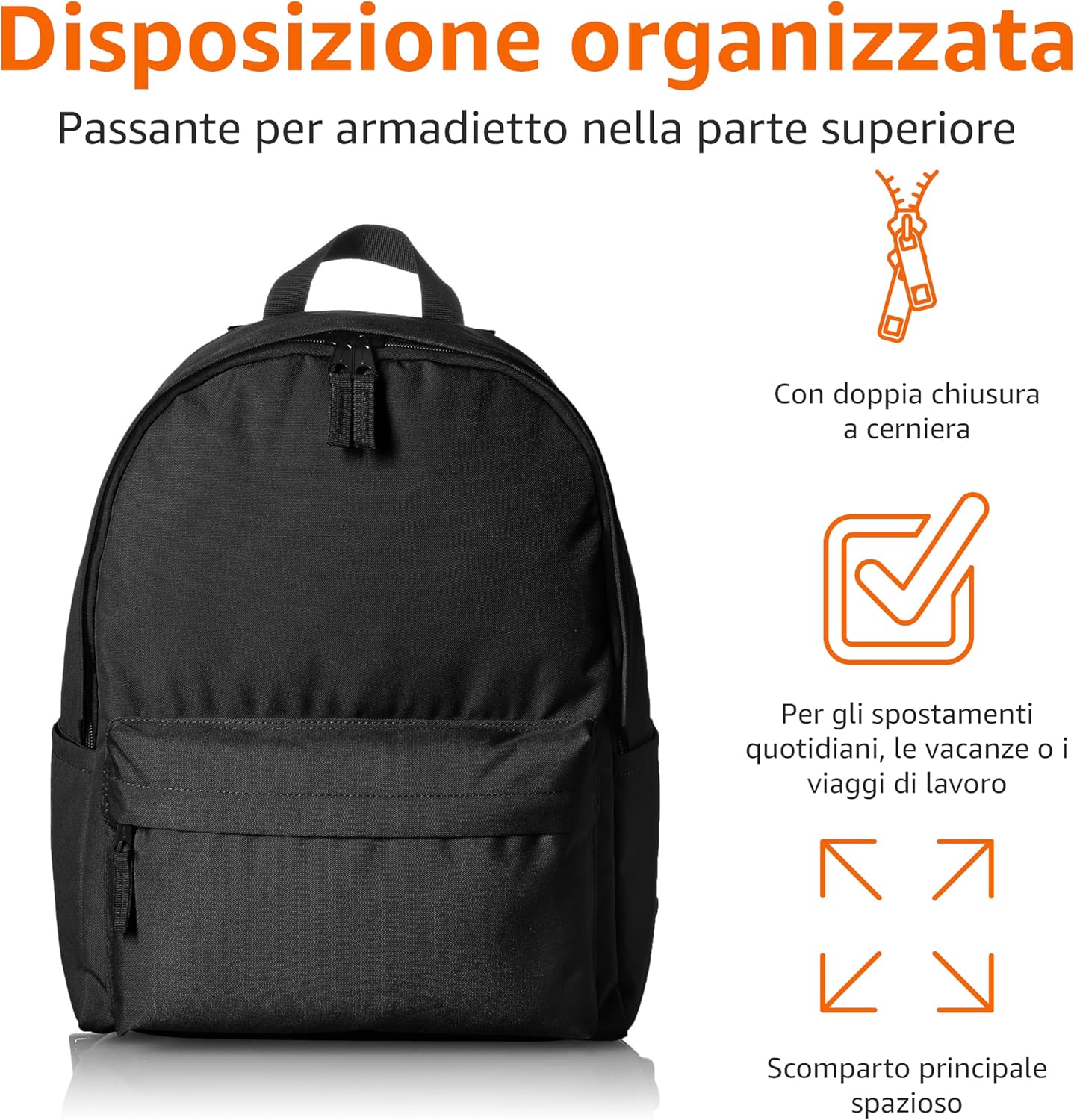 Detalle de Amazon Basics Zaino Classico/Casual/Scolastico Nero – Confezione da 1