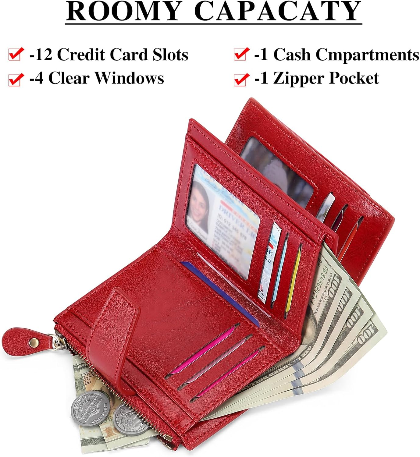 Thumbnail 4 de SENDEFN Women’s RFID Blocking Leather Small Compact Bi-fold Zipper Wallet Card Case with ID Window