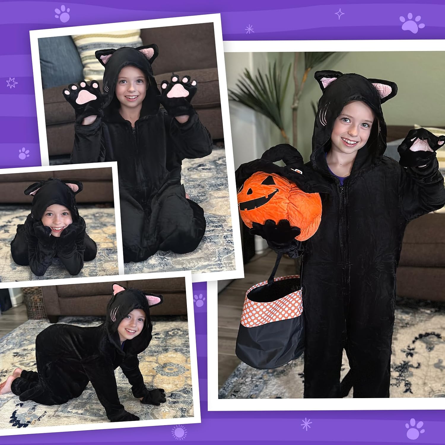 Detalle 1 de GiftInTheBox Black Cat Costume for Kids, Polyester Hooded Onesie with Tail and Gloves