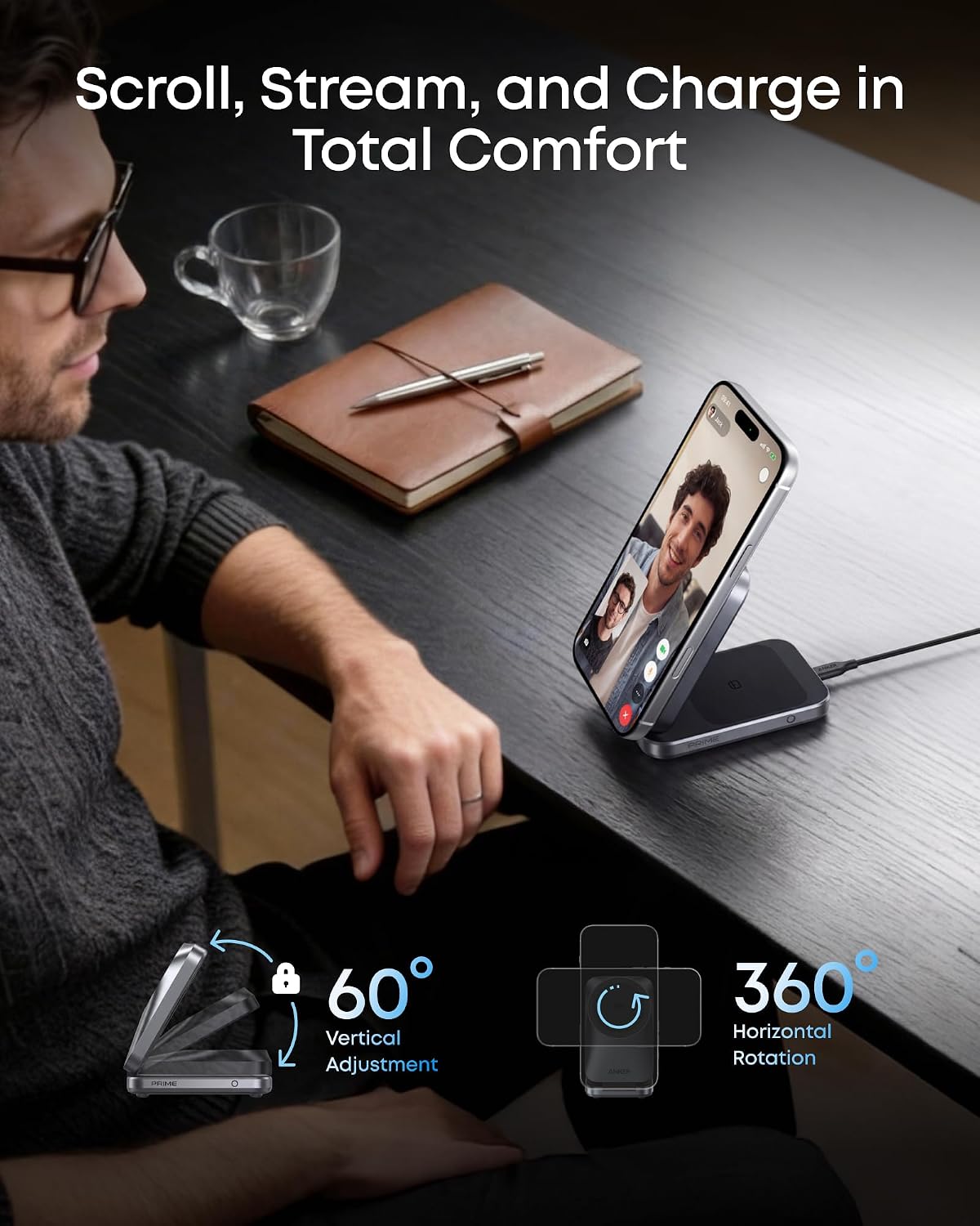 Detalle de Anker Prime 3-in-1 Wireless Charger: Compact, Quiet and Ready for iPhone 17/16, Apple Watch & AirPods