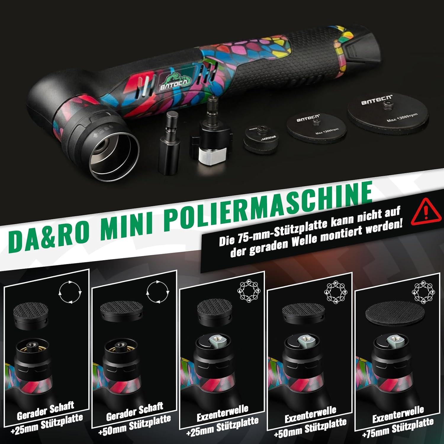 Detalle de BATOCA S5 Akku Mini-Poliermaschine – Rotations- und Exzentersystem mit 2 Akkus und 25/50/75 mm Pads