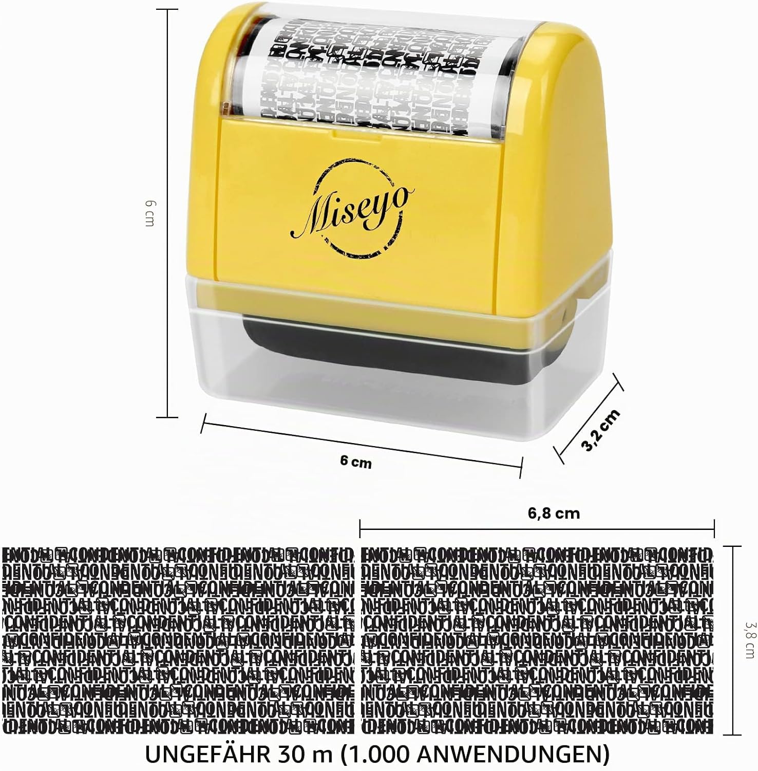 Detalle 2 de Miseyo Breites Datenschutz Rollstempel-Set „Identitätsdiebstahl-Prävention“ (Gelb) inkl. 3 Nachfülltinten