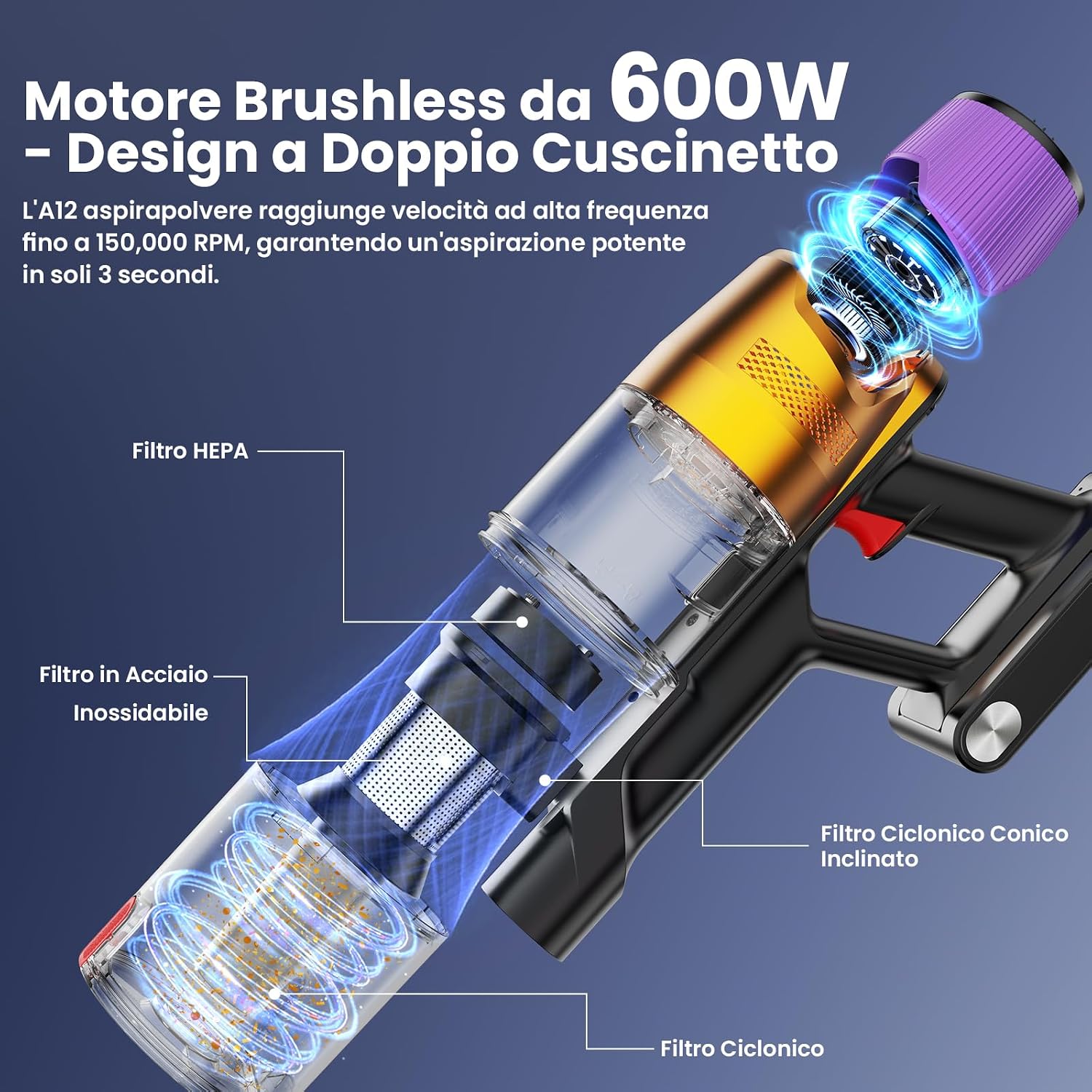 Thumbnail 5 de A12 Aspirapolvere Senza Fili 50KPa: pulizia profonda, design pieghevole e serbatoio acqua rimovibile