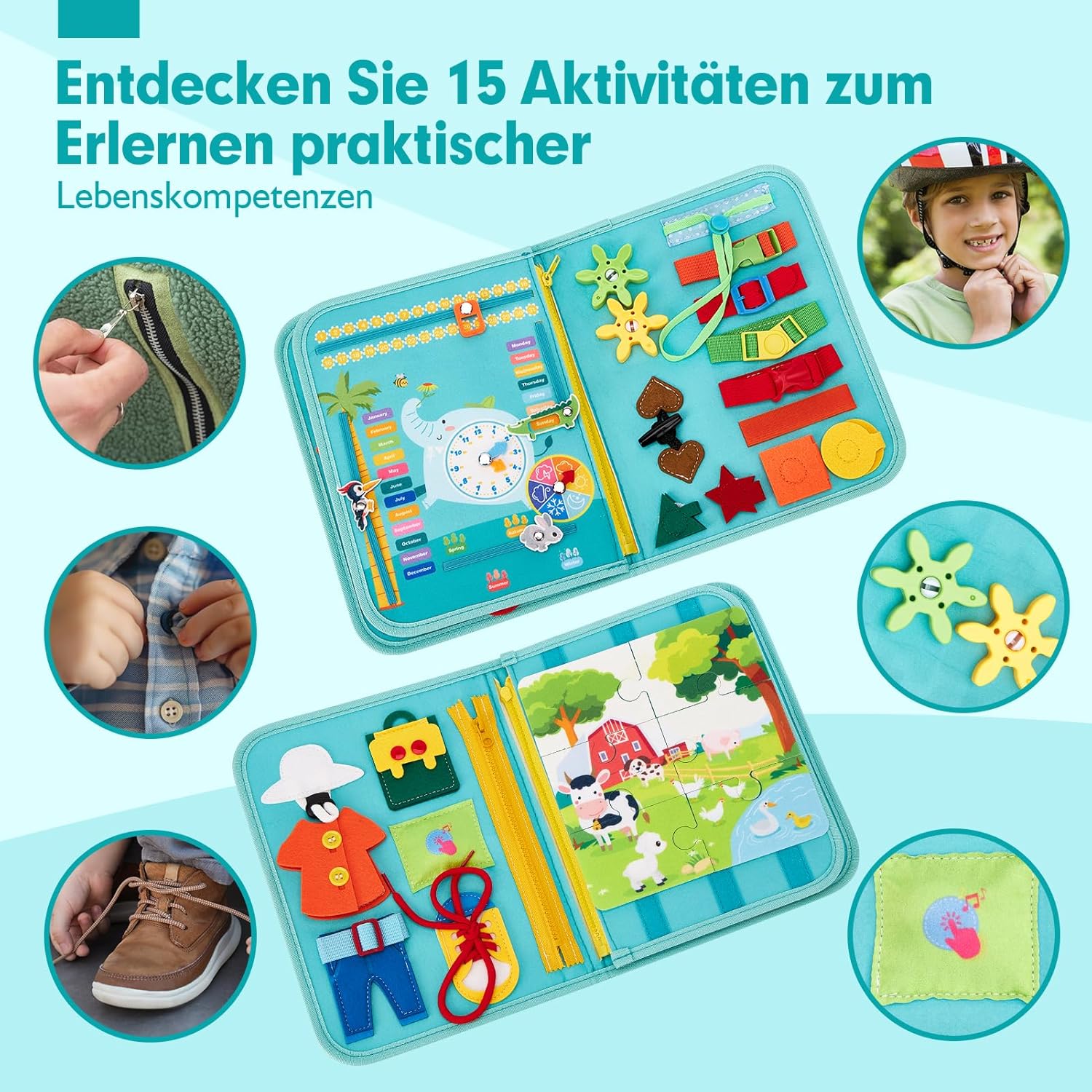 Detalle 2 de Hahaland Montessori Busy Board – Activity Board mit 15 Aktivitäten