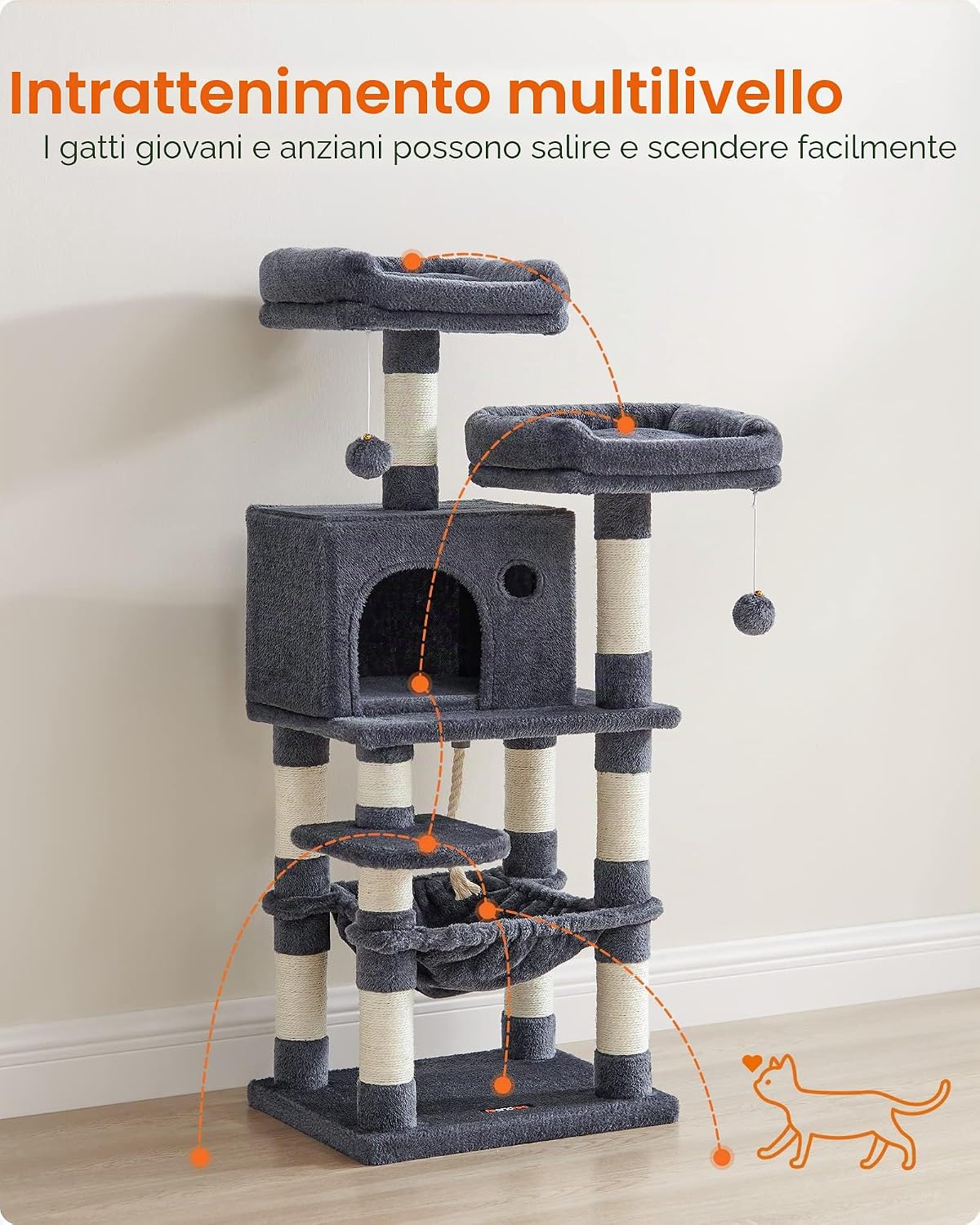 Detalle de Feandrea Albero per Gatti Alto 112 cm, Tiragraffi Multilivello con 11 Pali, 2 Posatoi, Grotta, Amaca e Pompon – Grigio Fumo