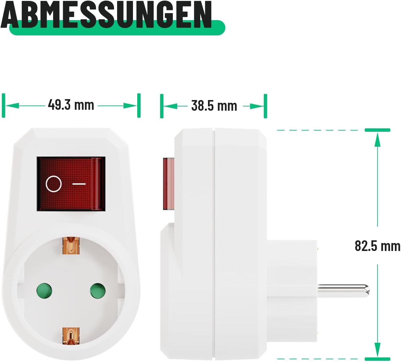 Thumbnail 5 de greate 3er-Set Steckdose mit Schalter (Schuko, 1-fach) – schaltbarer 2-poliger Adapter mit beleuchtetem Schalter