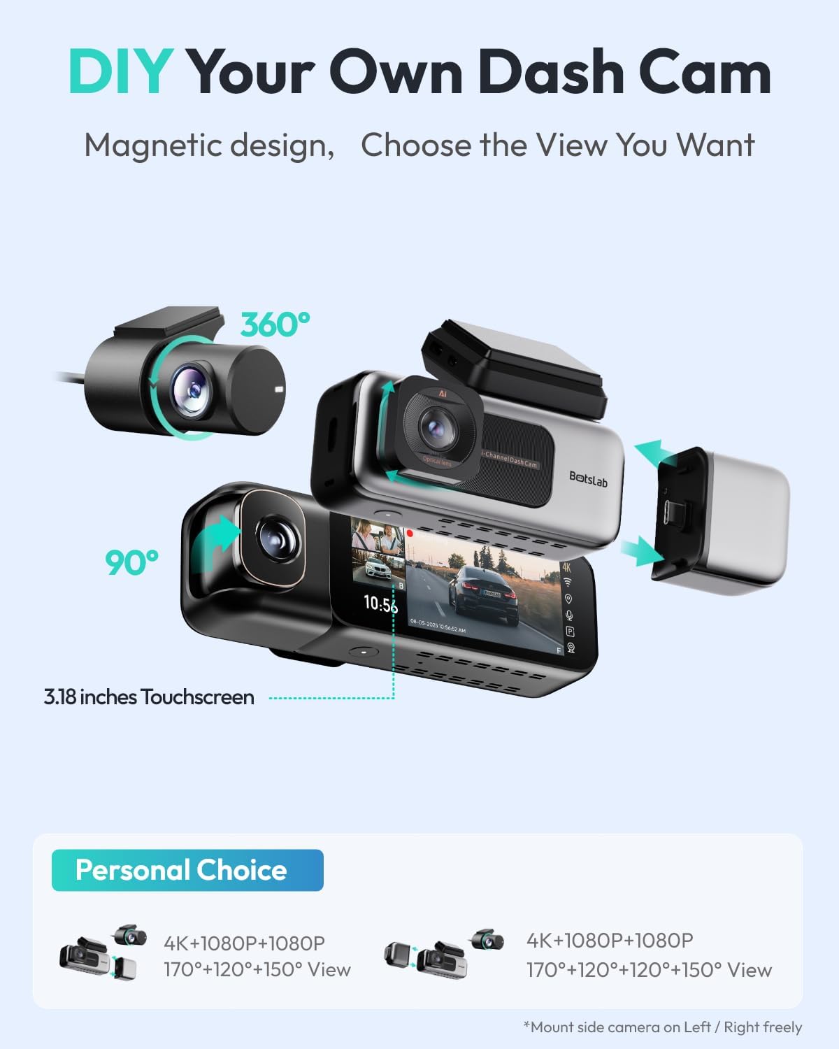 Detalle de BOTSLAB G980H 4K 3-Channel Dash Cam: Front, Rear & Inside with 360° Coverage