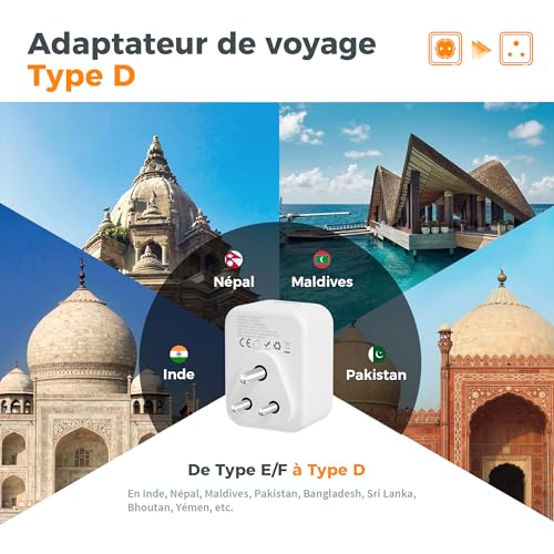 Detalle de TESSAN Lot de 2 Adaptateur Prise Sri Lanka – 4 en 1 pour voyage Inde avec USB, USB-C et Schuko