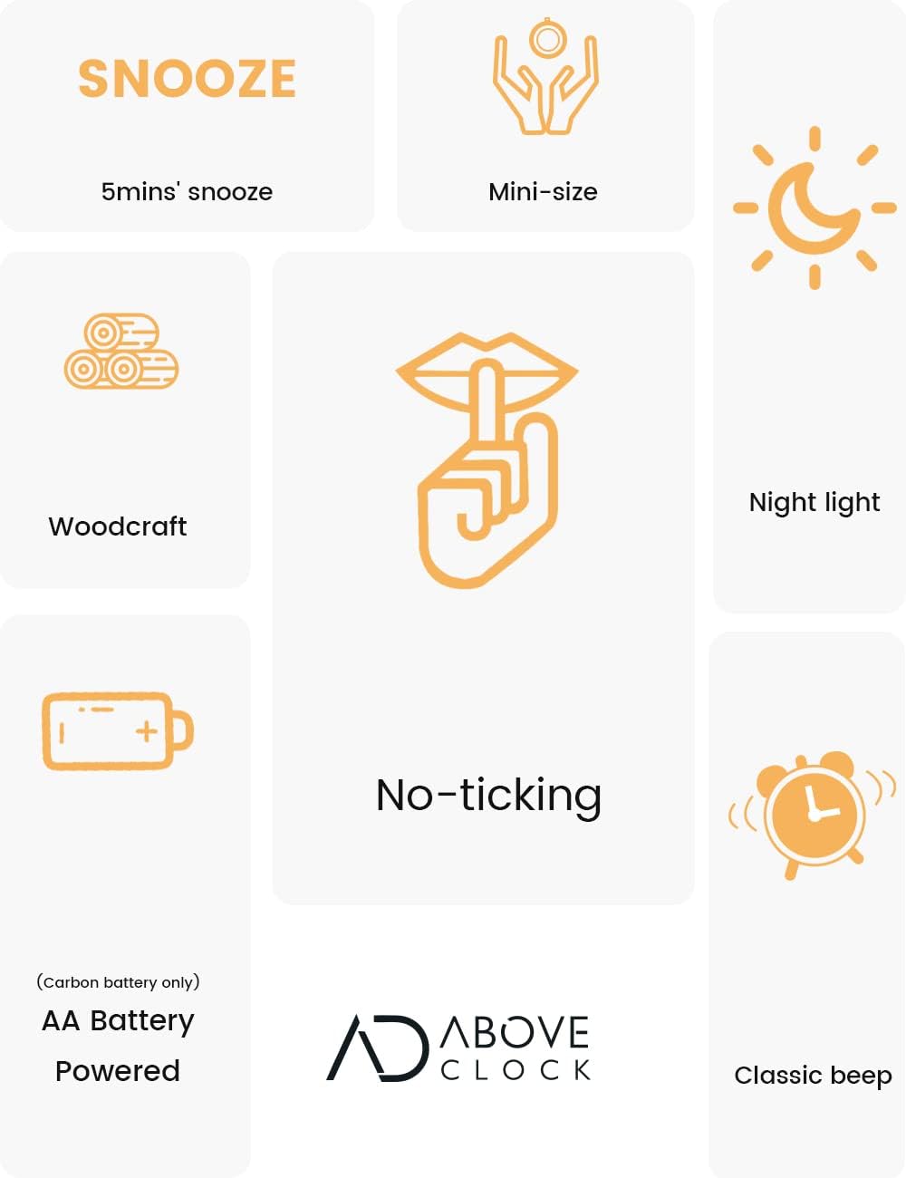 Detalle de aboveClock houten analoge wekker zonder tikgeluid, met snooze en nachtlampje