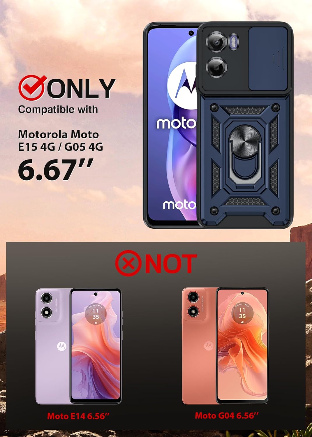 Thumbnail 1 de LeYi rugged phone case for Motorola Moto E15 4G / GO5 with sliding camera cover, ring stand & 2 screen protectors (Blue)