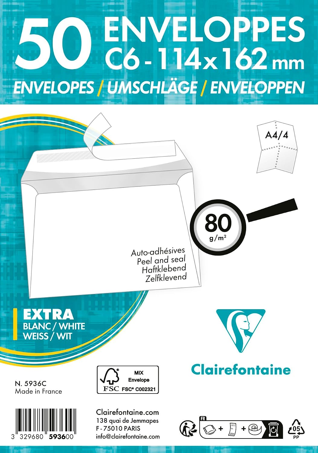 Detalle de Clairefontaine 5936C: Confezione da 50 Buste Bianche C6-114x162 mm Autoadesive 80 g/m²