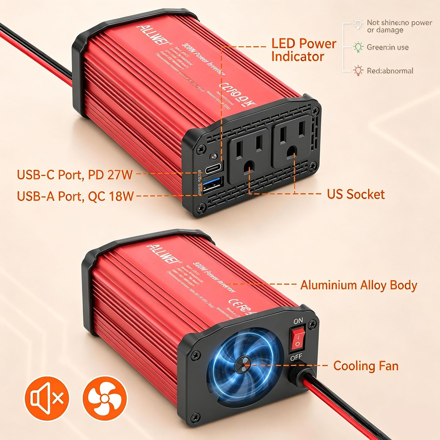 Detalle de ALLWEI 300W Car Power Inverter, 12V DC to 110V AC, Red
