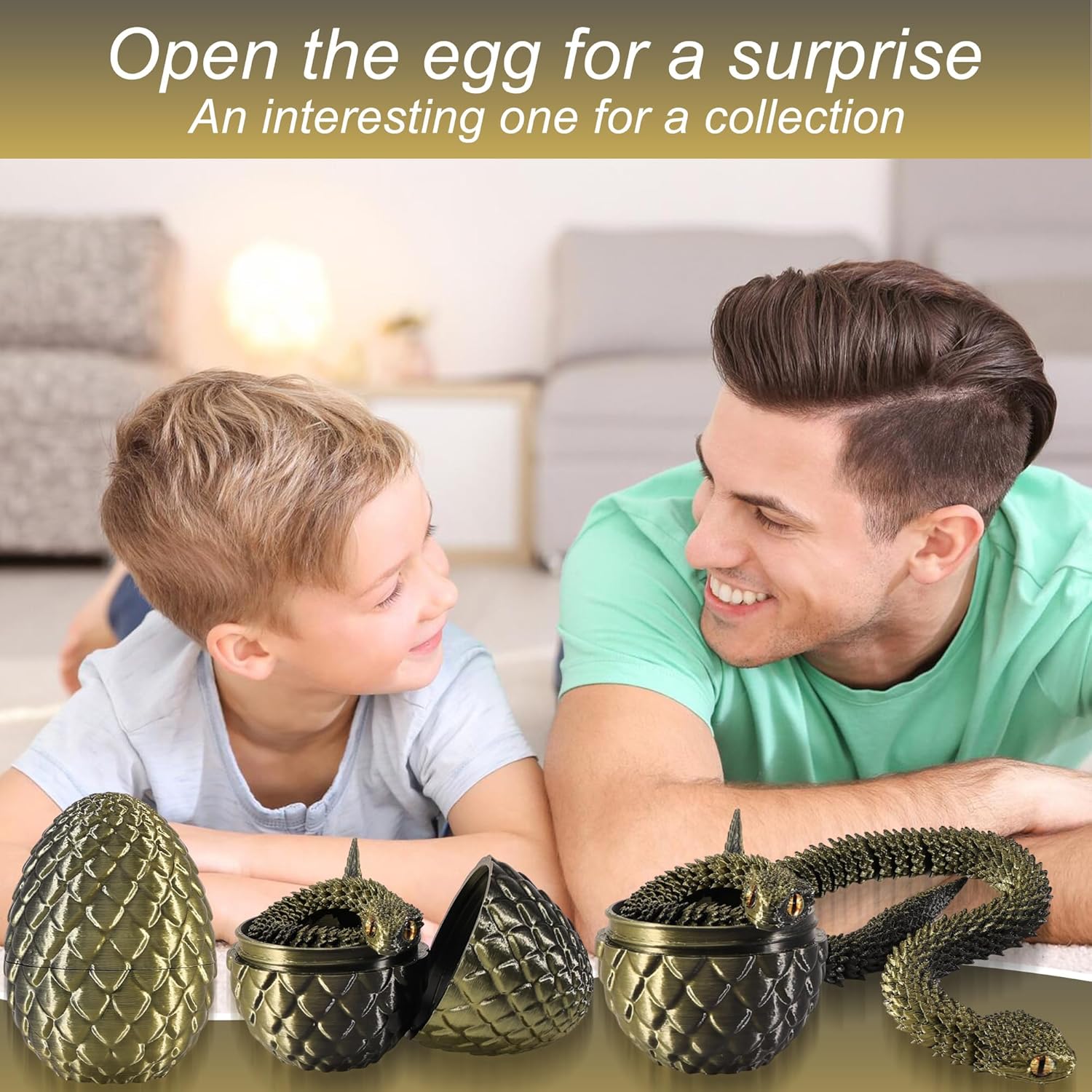 Detalle de Joycabin 3D Printed Animals: Movable Snake Toy & Dragon Egg Set (Black Copper)