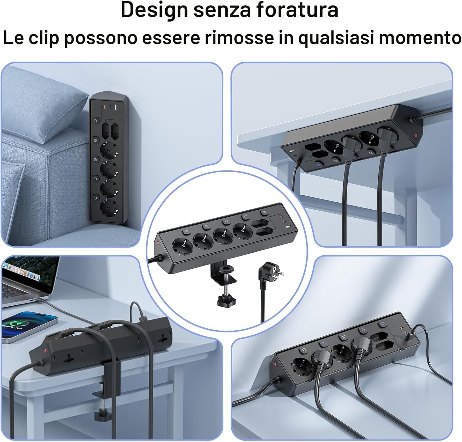 Detalle de Ciabatta Multipresa con USB 9 in 1: 6 prese, 3 USB e protezione sovratensione