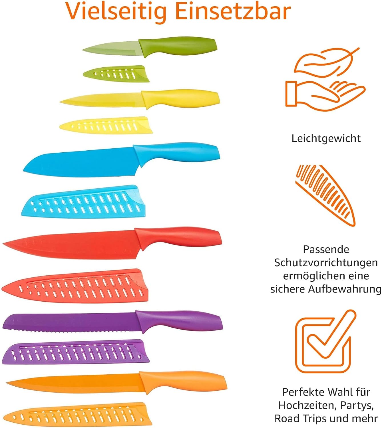 Detalle de Amazon Basics Messer-Set, bunt, 12-teilig – vielseitiges Küchen-Set mit Farbcodierung
