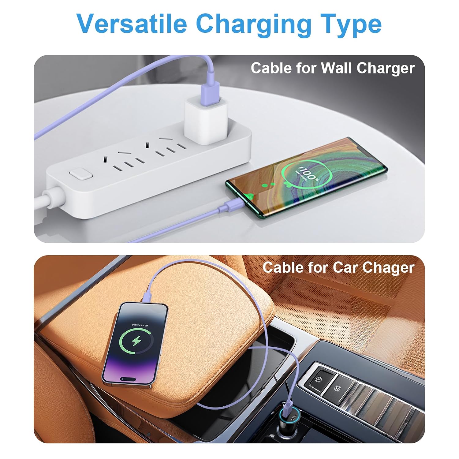 Detalle de 5FT Car CarPlay Cable for iPhone 15/16 — USB-C to Lightning? (Purple) — Apple MFi Certified