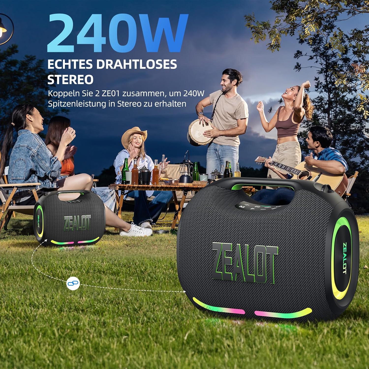 Thumbnail 3 de Zealot Tragbarer Bluetooth-Lautsprecher 120W mit Dual-Kopplung, AUX, USB und TF-Karte (IPX6)