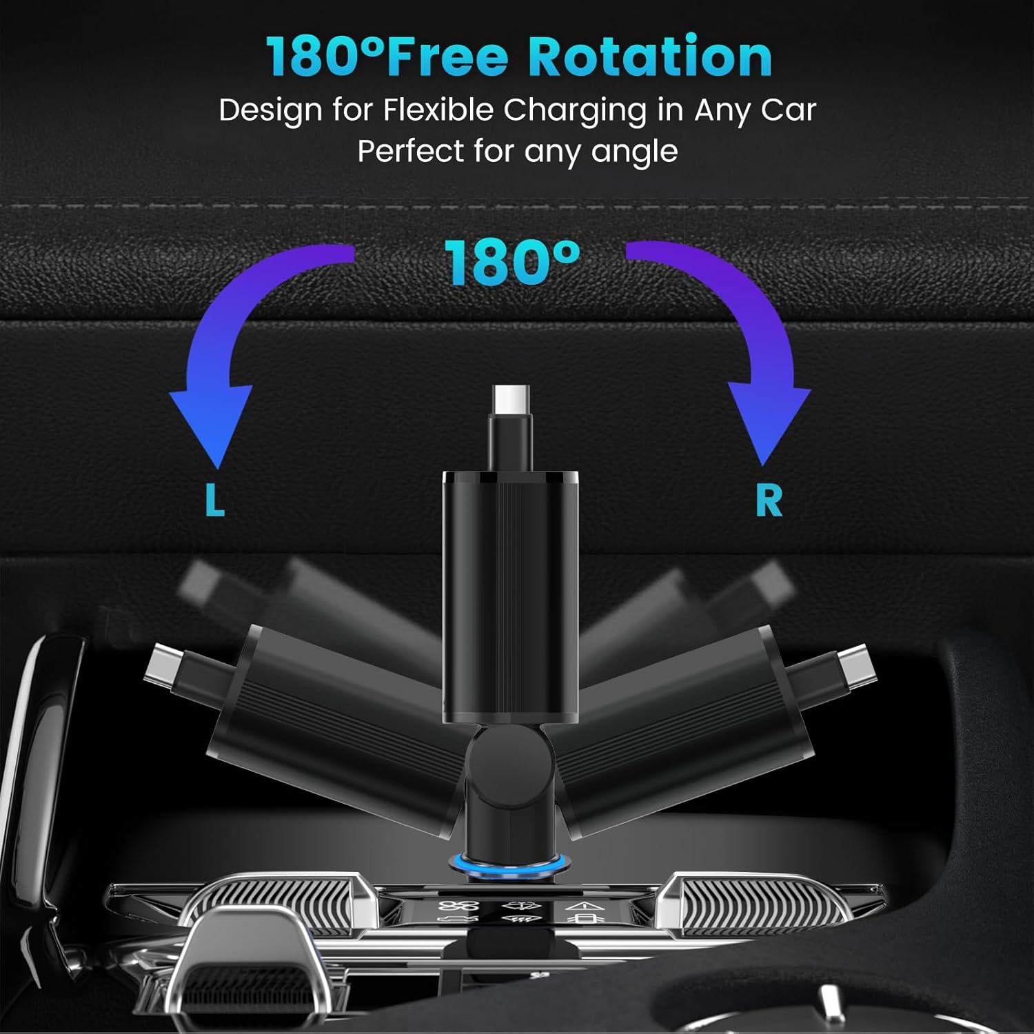 Detalle de Retractable 78W Car Charger (4-in-1) with PD 3.0, Retractable Type‑C Cable and RGB Light
