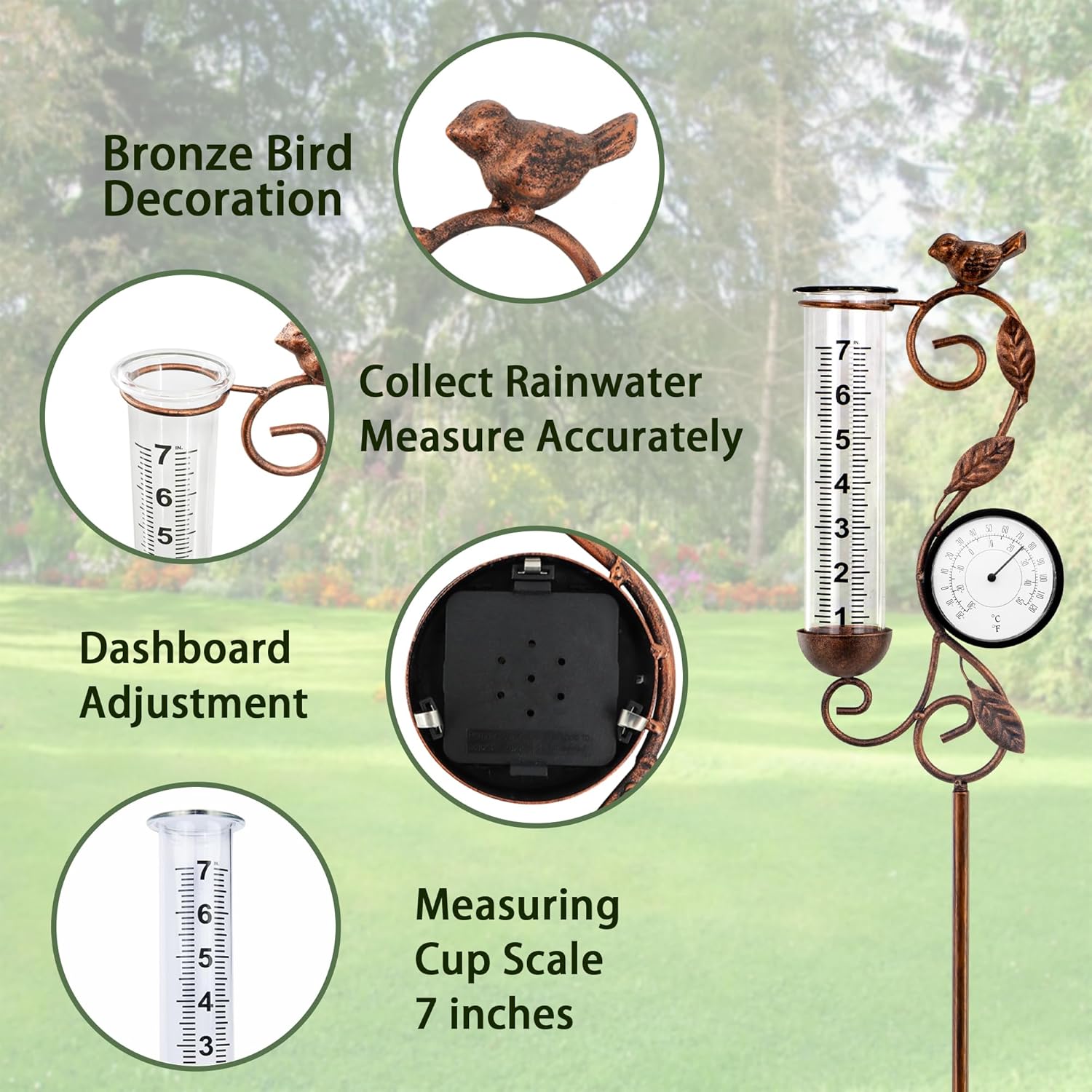 Thumbnail 4 de 32-Inch Garden Rain Gauge with Thermometer — Metal Bird Outdoor Yard Decor & 7-Inch Glass Tube