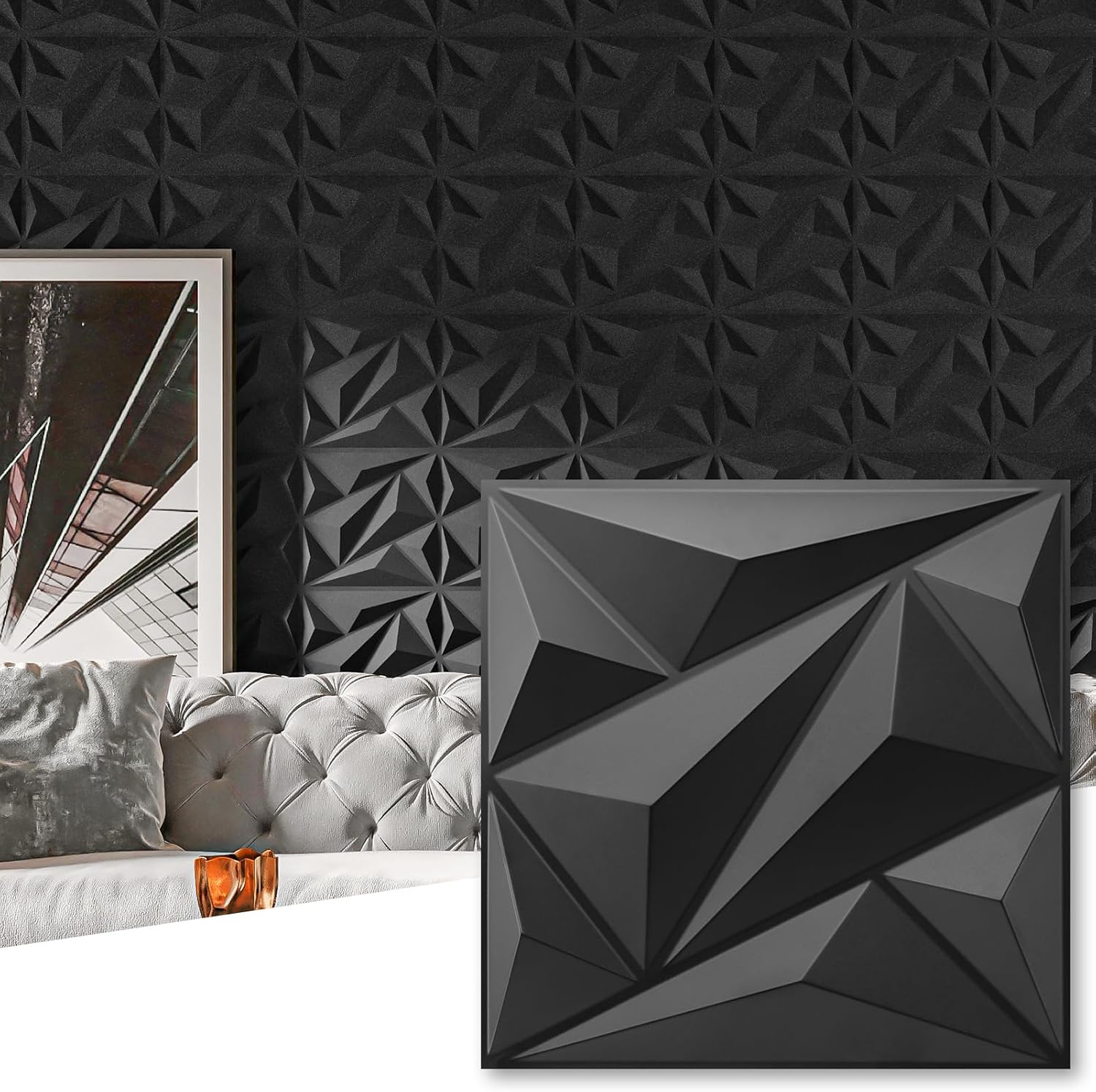 Detalle de Art3dwallpanels 50-Pack 12 x 12-Inch Black PVC 3D Wall Panels