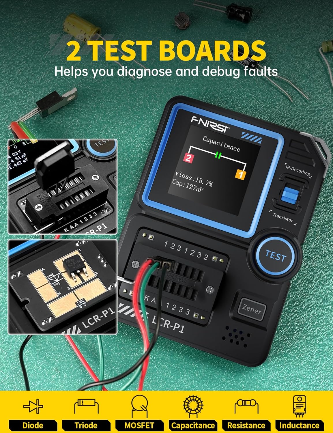 Detalle 2 de FNIRSI LCR-P1 Transistor Tester: All-in-One Component Analyzer for Electronics Hobbyists