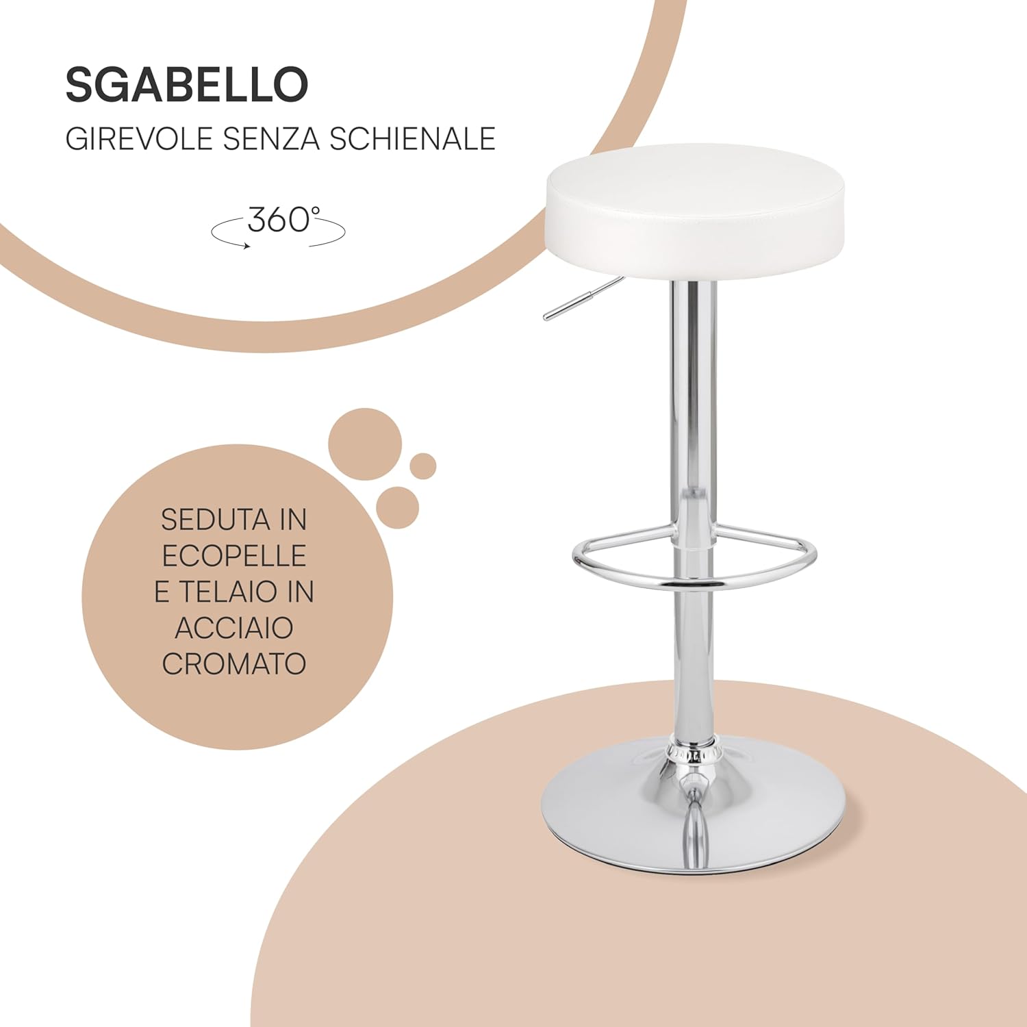 Detalle 2 de Baroni Home Sgabello Bar Girevole con Altezza Regolabile – Bianco, 59–79 cm, Base Cromata