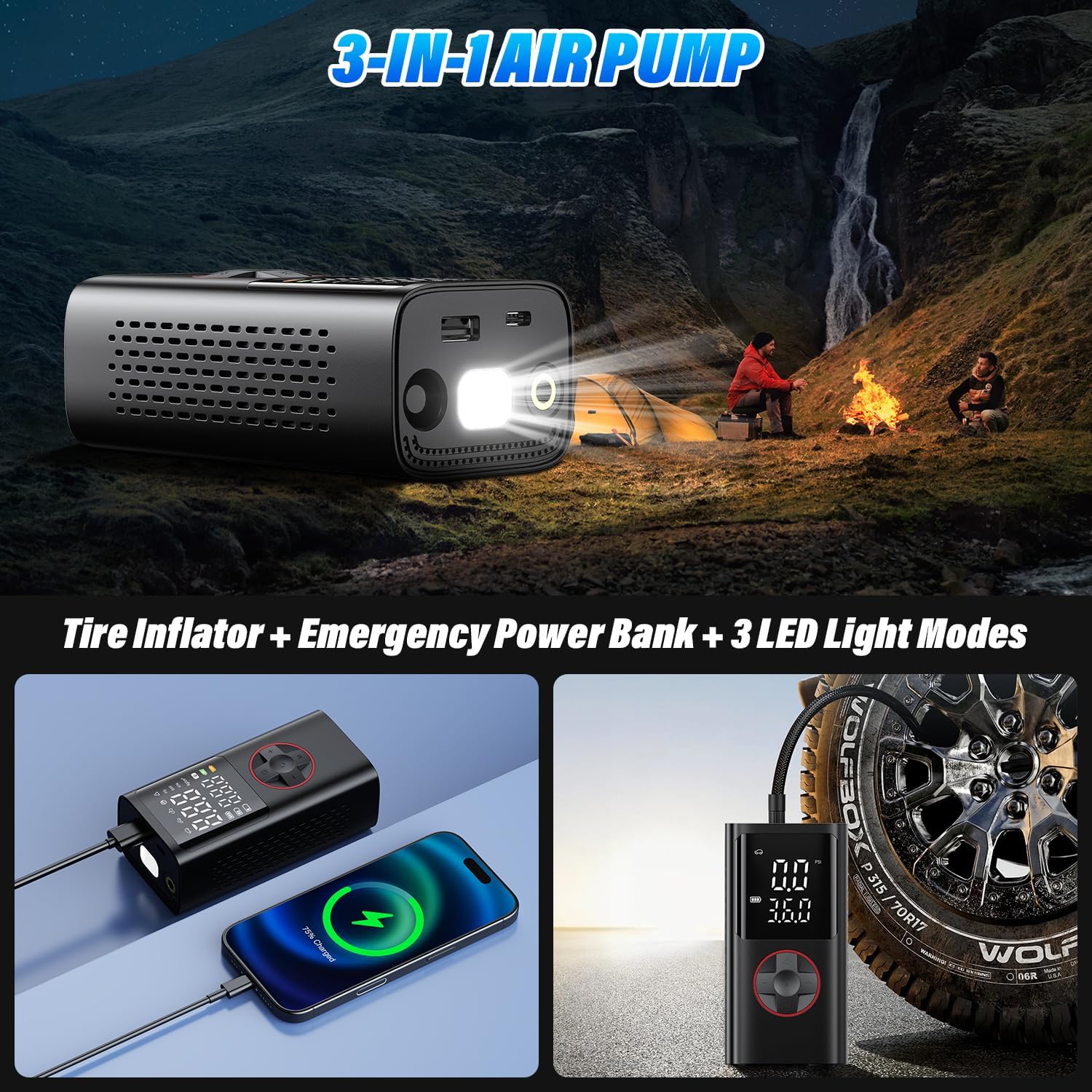 Detalle de Onherm Compressore Aria Portatile: Pompa per Auto, Moto e Bicicletta con 5 Modalità e LED